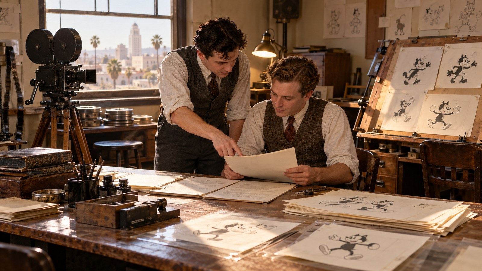 AI reconstruction of Walt and Roy Disney starting their small animation studio in 1923