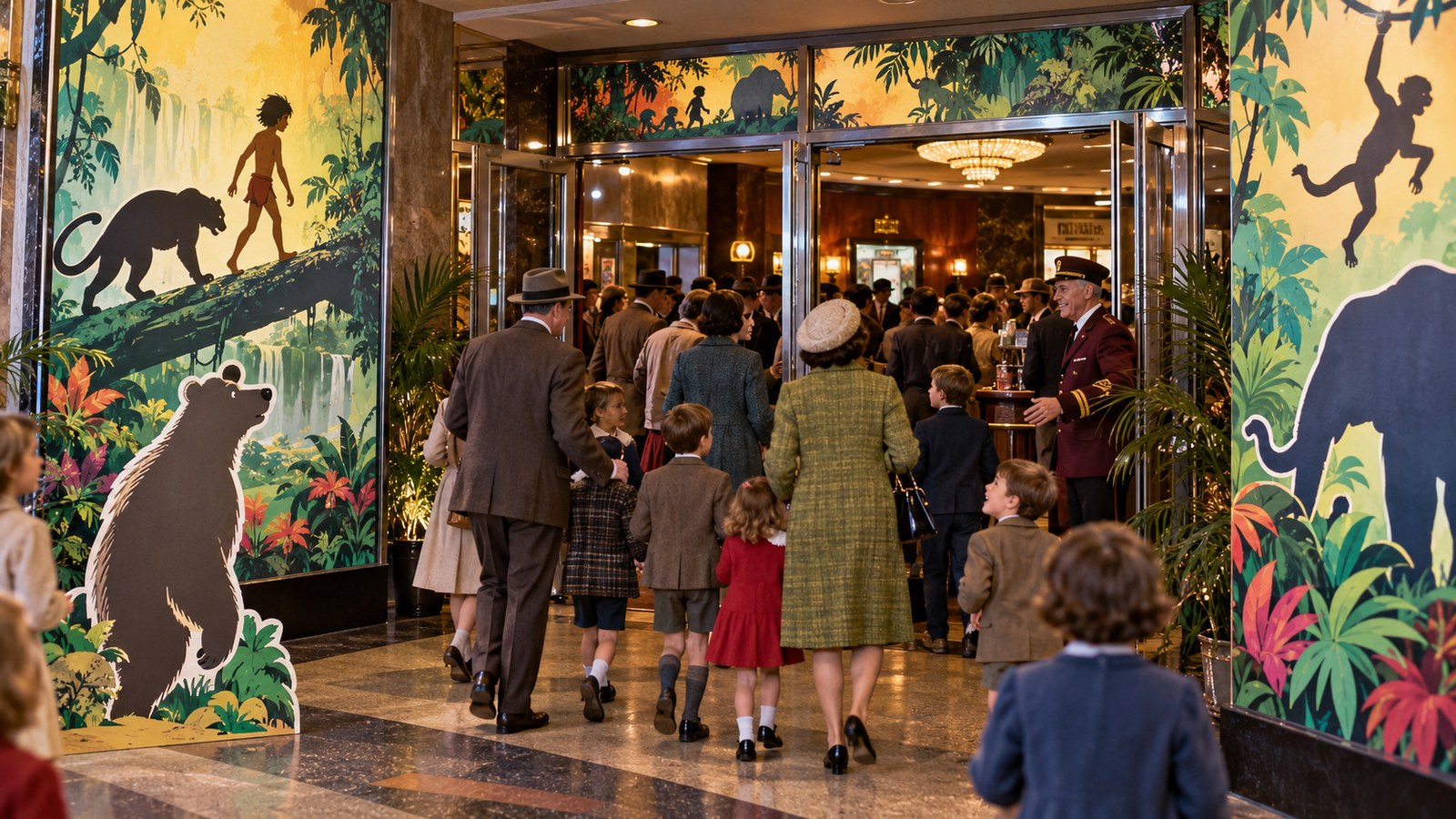 AI reconstruction of families attending The Jungle Book in 1967