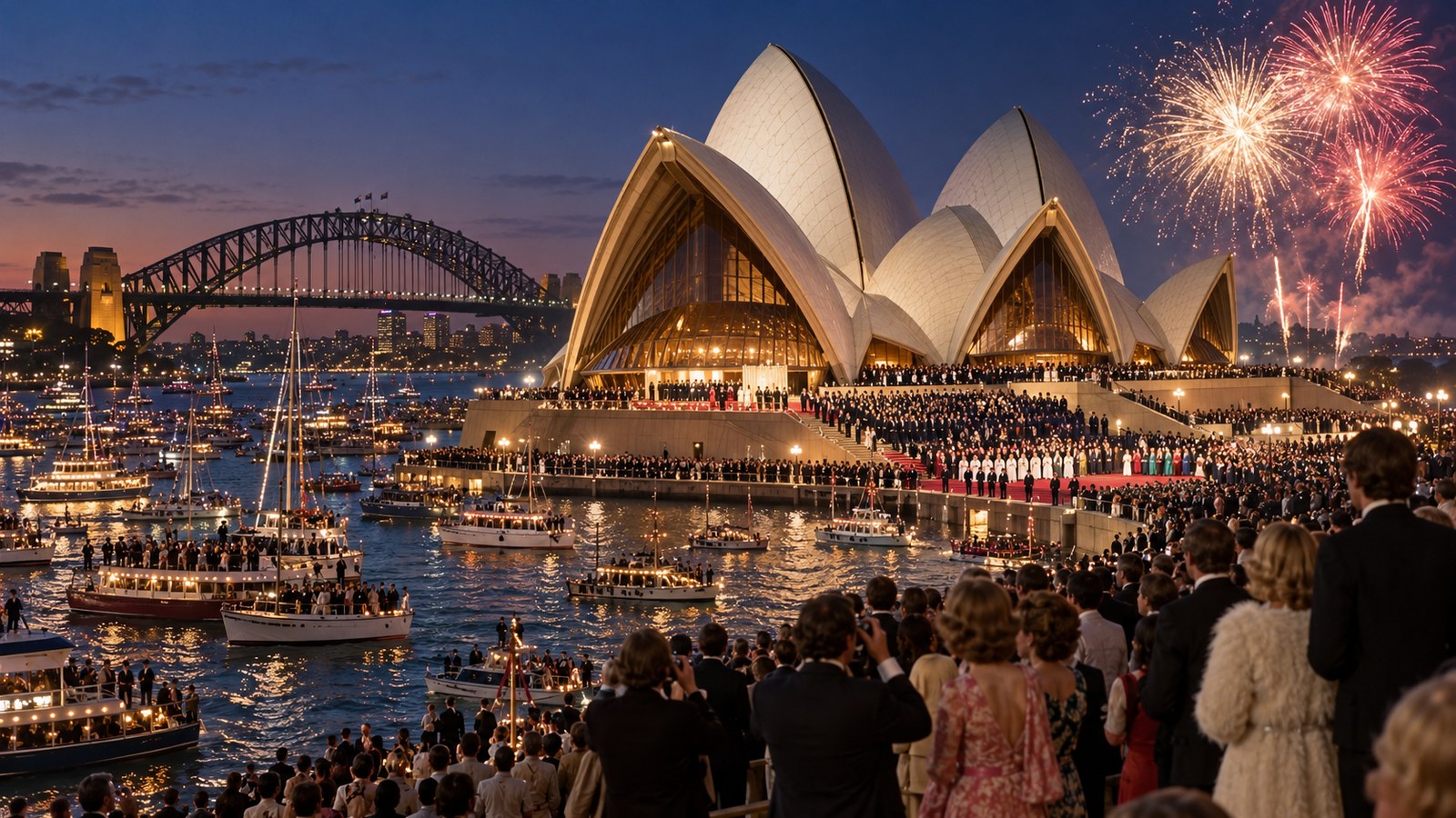 AI reconstruction of Sydney Opera House's formal opening celebration in 1973