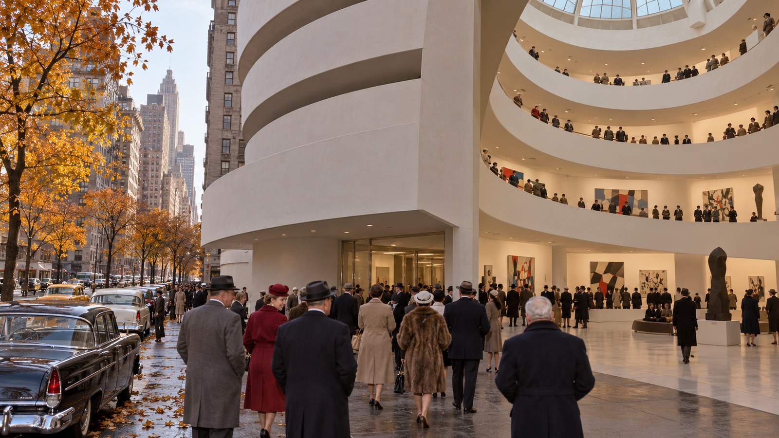 AI reconstruction of crowds entering the Guggenheim Museum on opening day in 1959