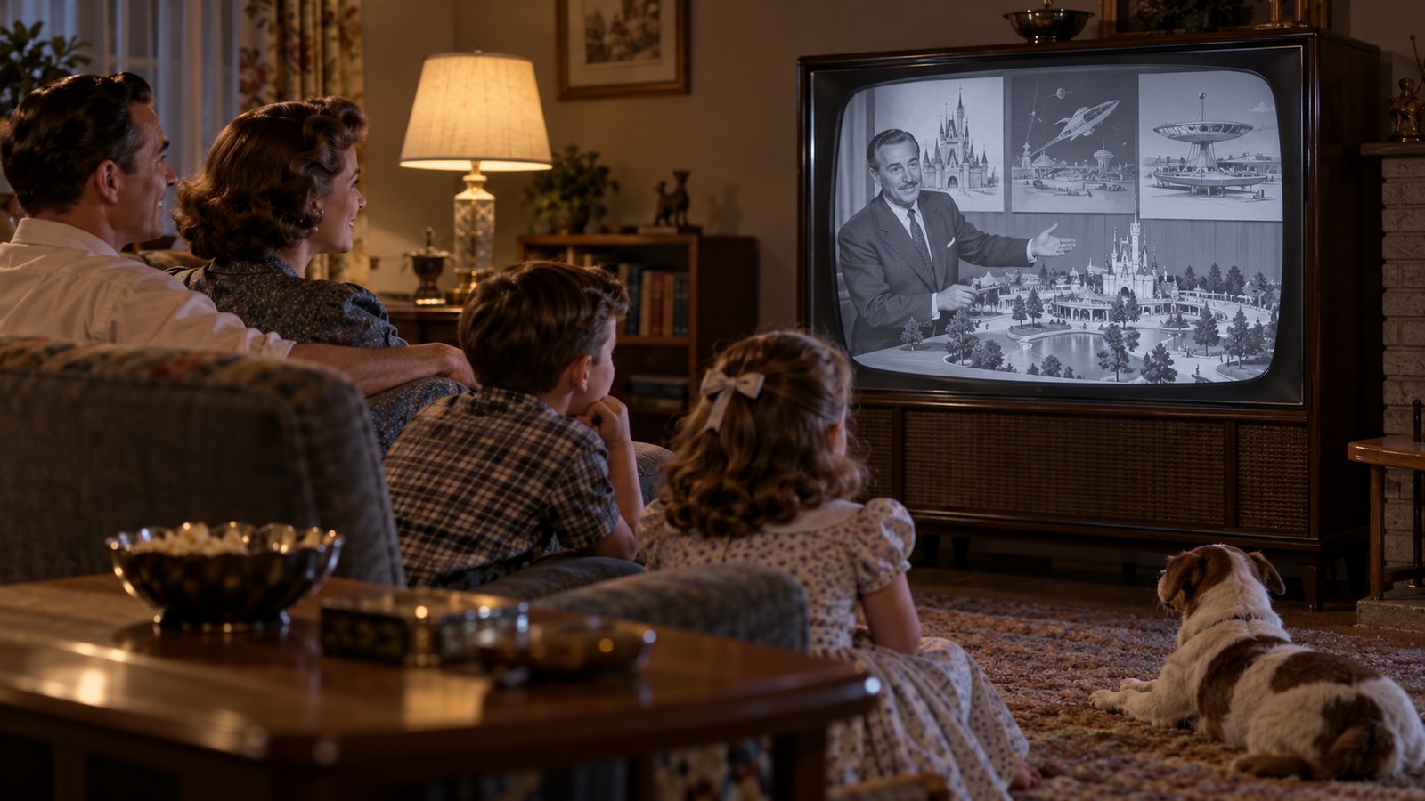 AI reconstruction of families watching The Disneyland Story television premiere in 1954