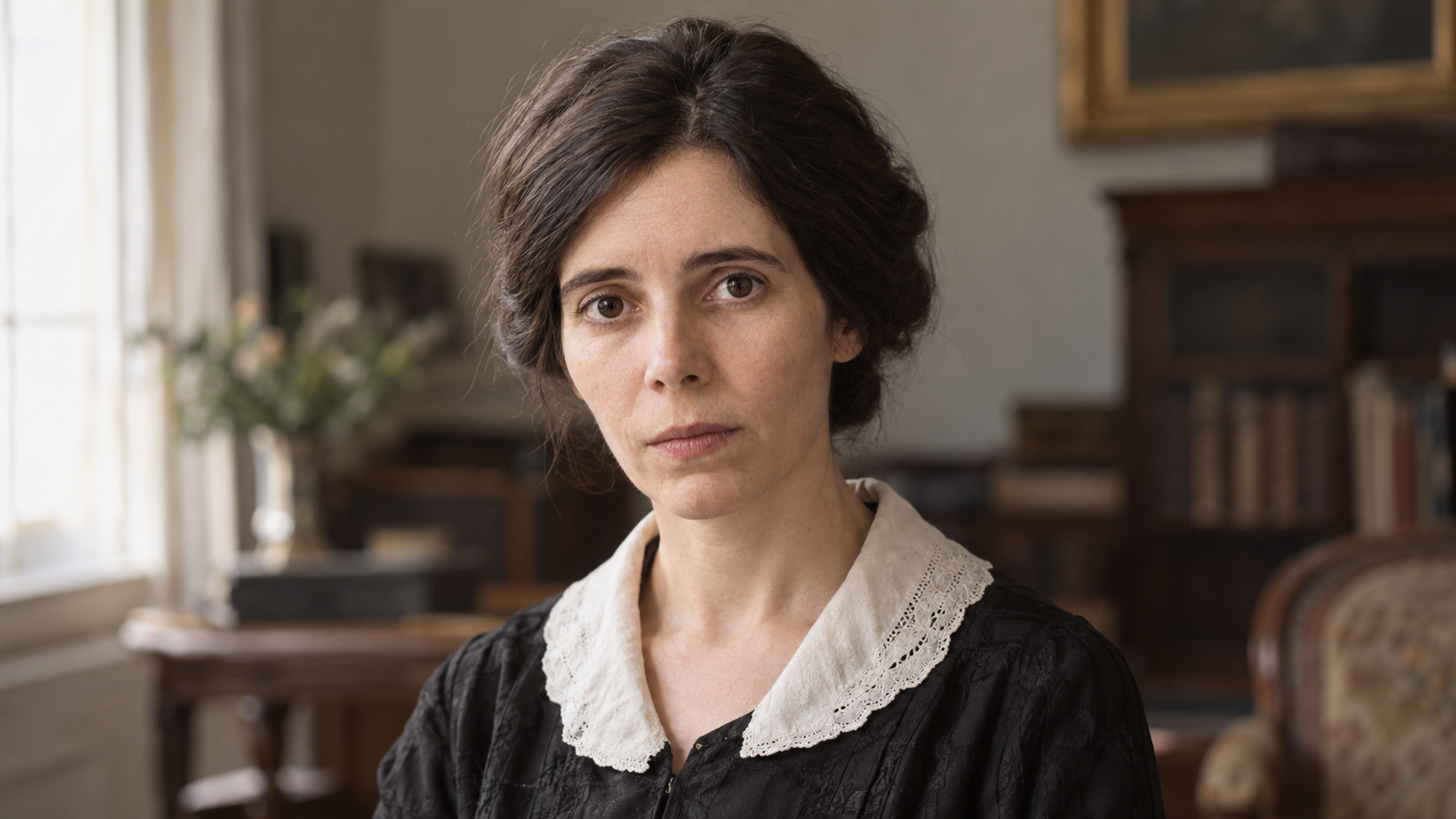Realistic editorial recreation of Alice Paul in a period-appropriate room.
