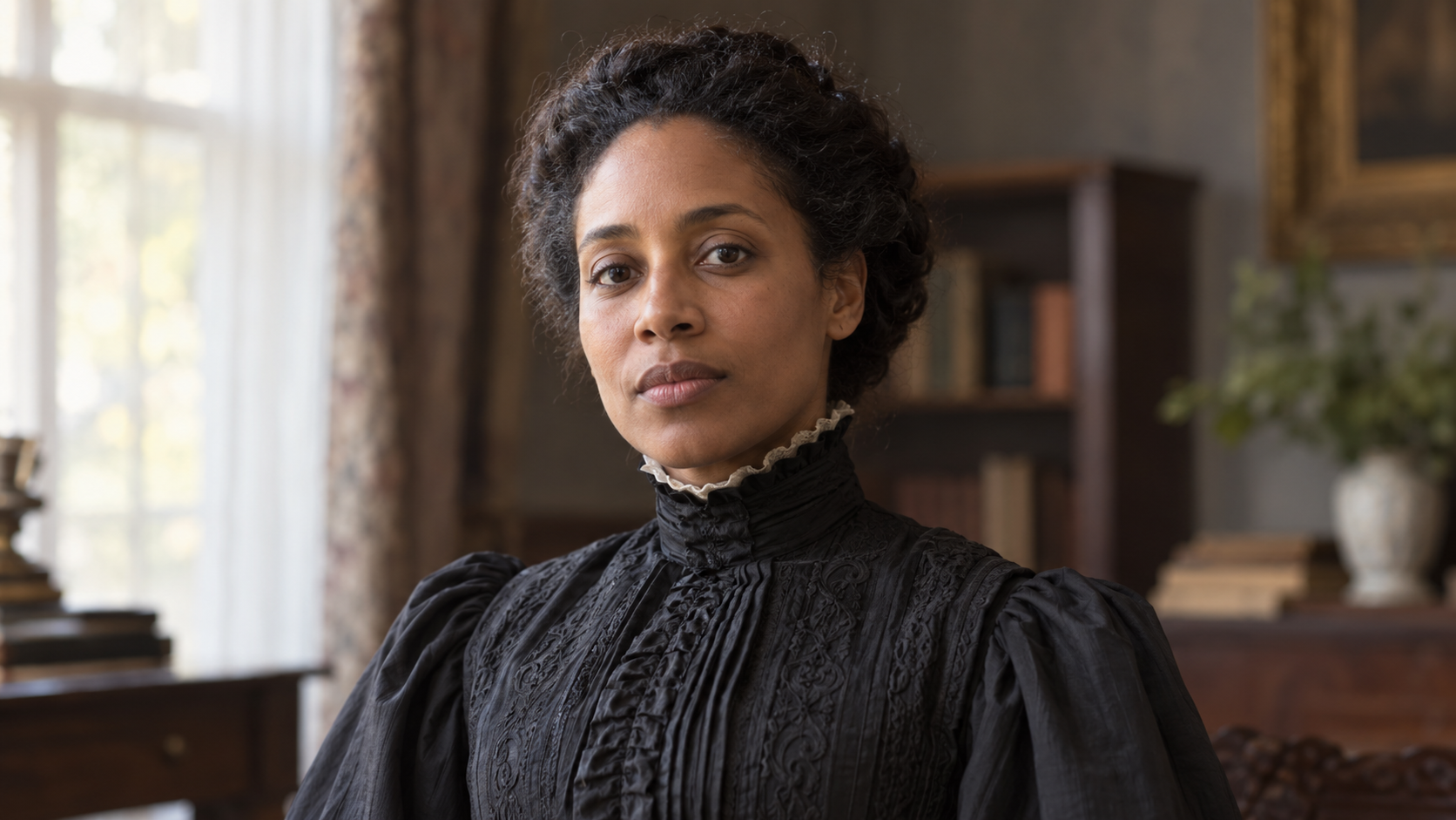 Realistic editorial recreation of Anna Julia Cooper in a period-appropriate room.