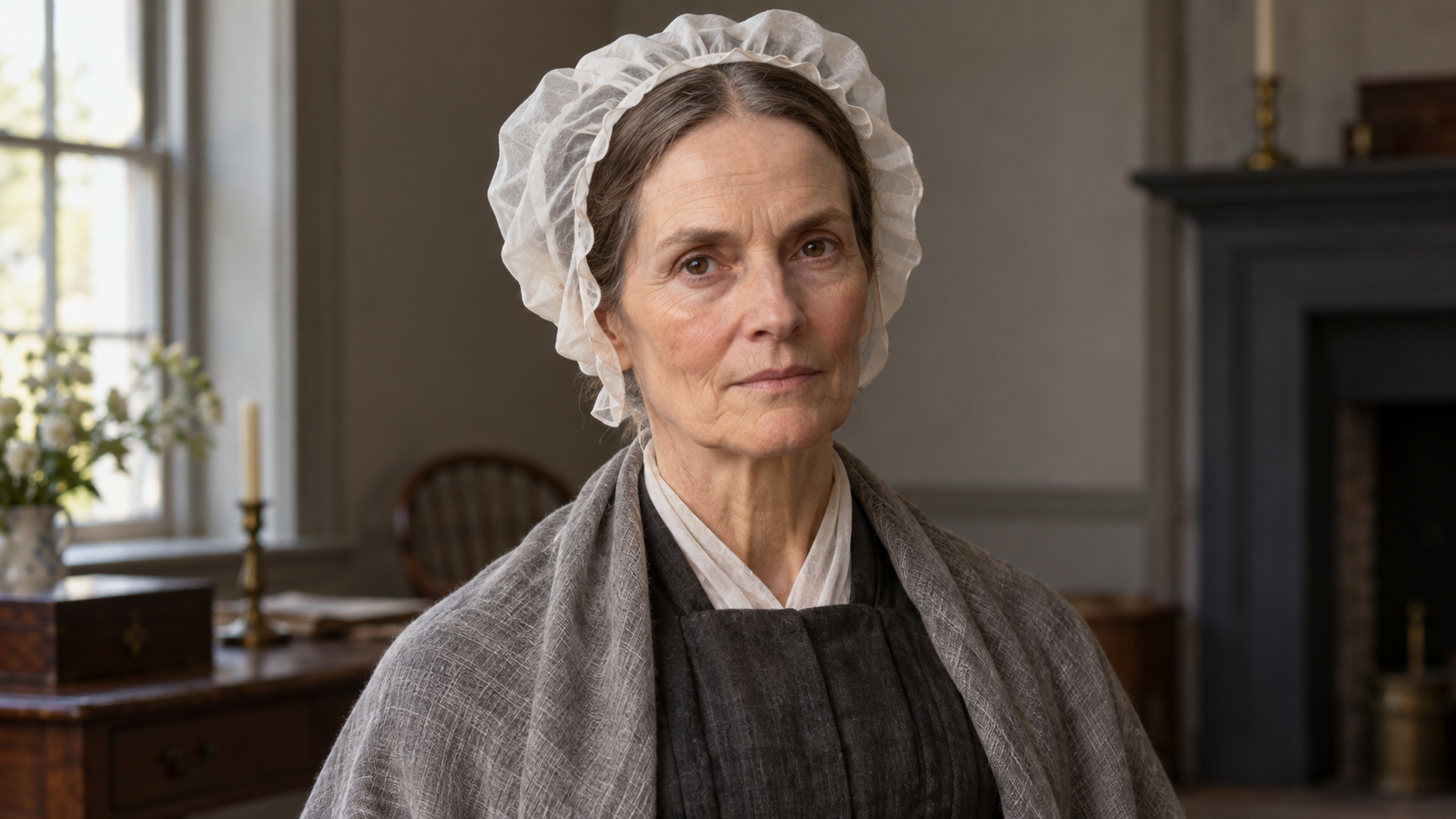 Realistic editorial recreation of Lucretia Mott in a period-appropriate room.