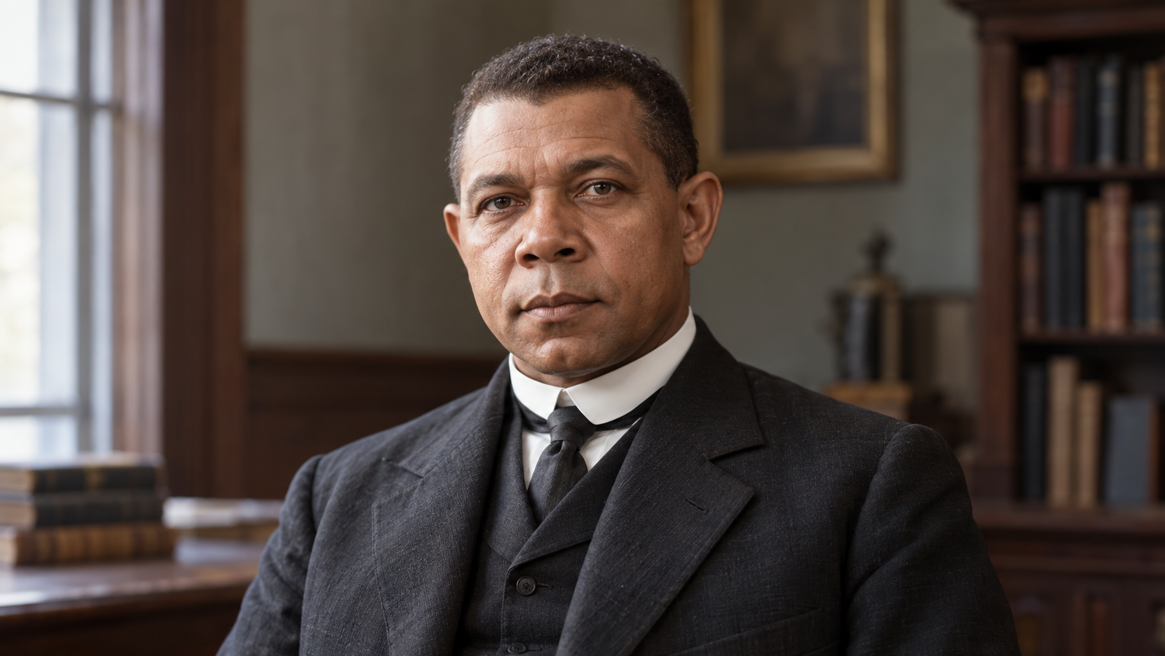 Realistic editorial recreation of Booker T. Washington in a period-appropriate room.