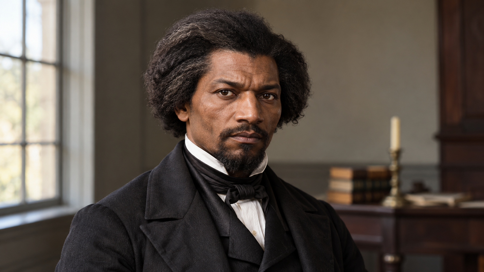 Realistic editorial recreation of Frederick Douglass in a period-appropriate room.