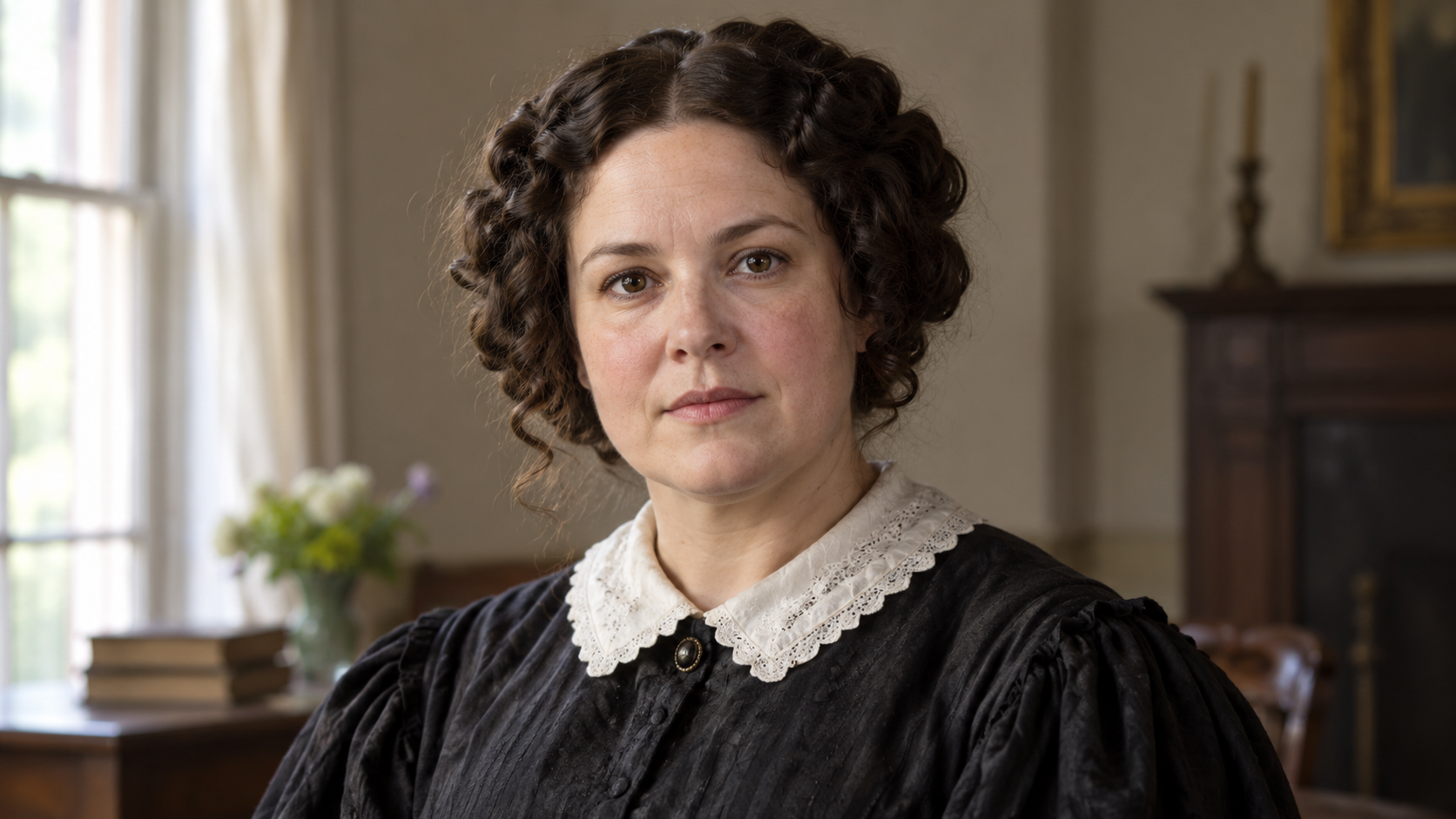 Realistic editorial recreation of Elizabeth Cady Stanton in a period-appropriate room.