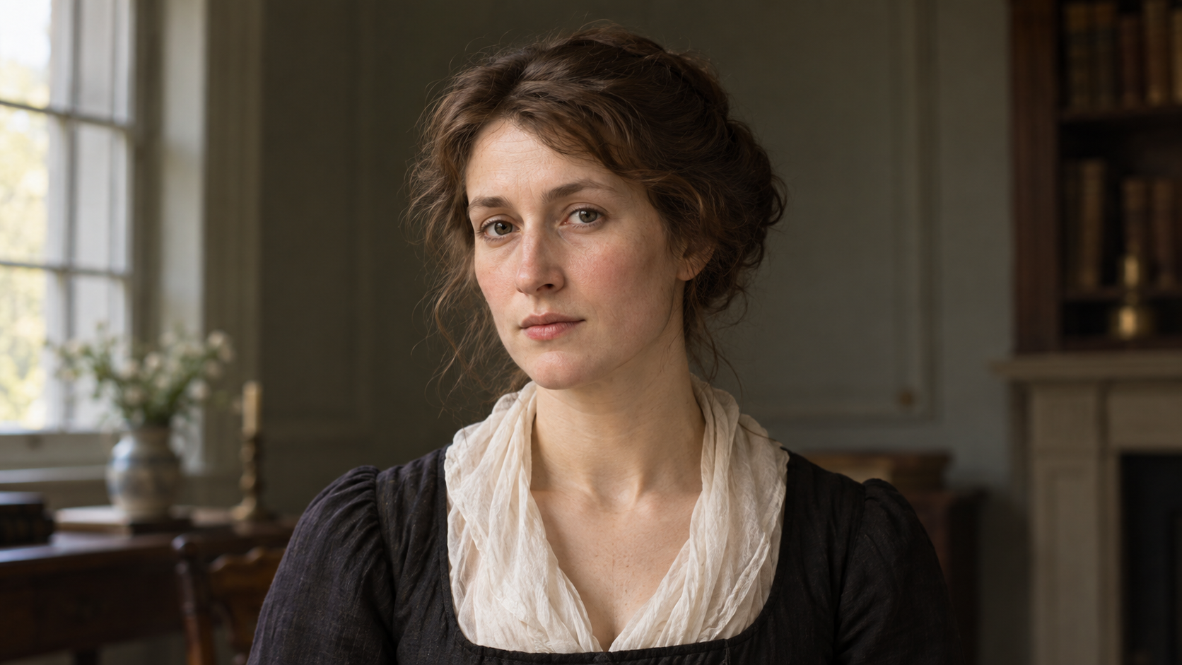 Realistic editorial recreation of Mary Wollstonecraft in a period-appropriate room.