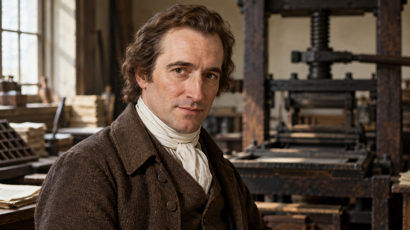 Realistic editorial recreation of Thomas Paine in a period-appropriate setting.