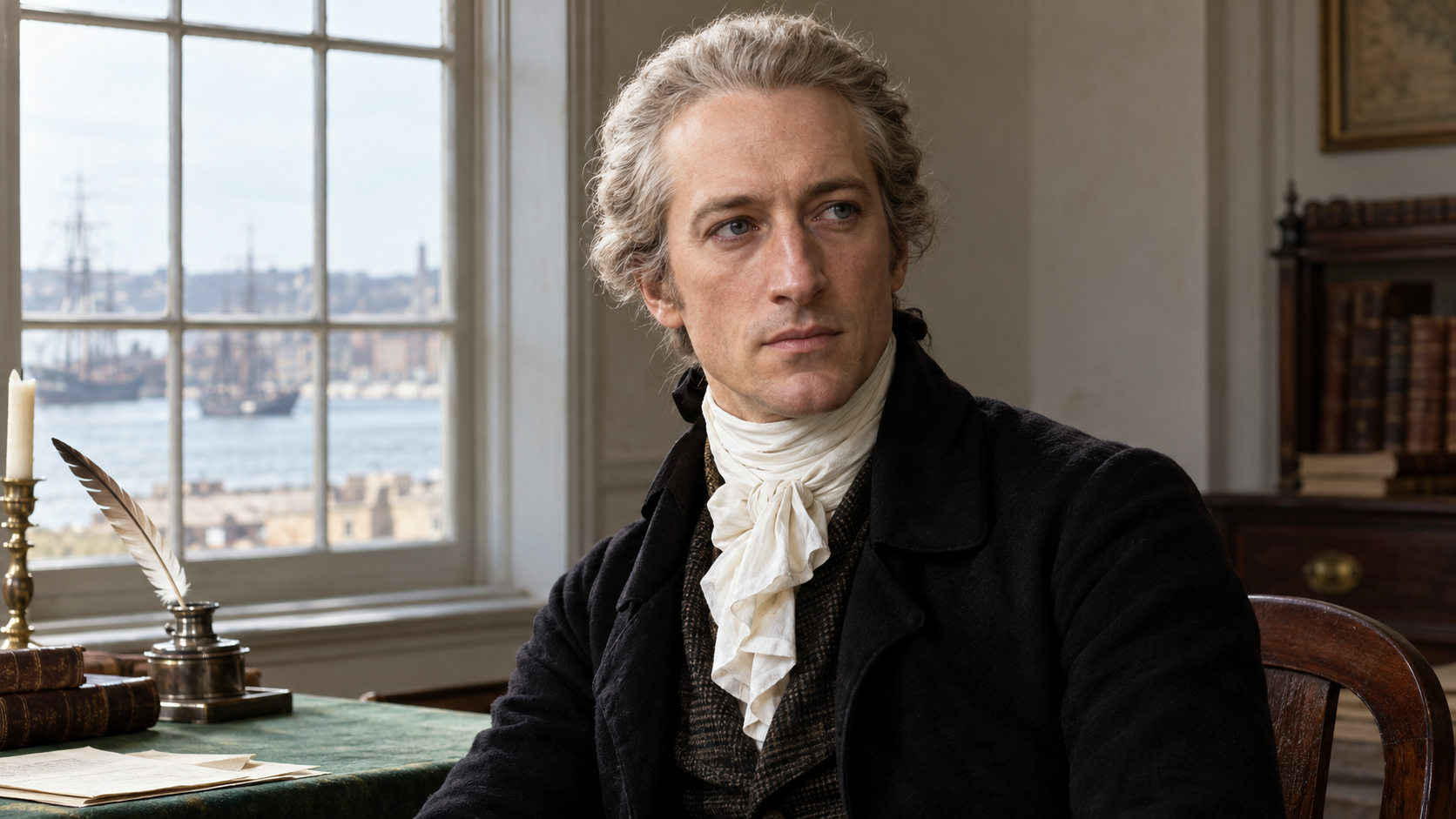 Realistic editorial recreation of Alexander Hamilton in a period-appropriate setting.