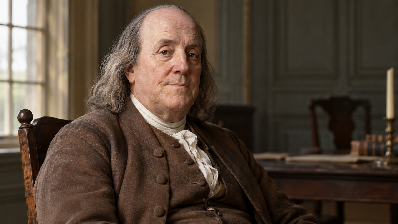 Realistic editorial recreation of Benjamin Franklin in a period-appropriate setting.