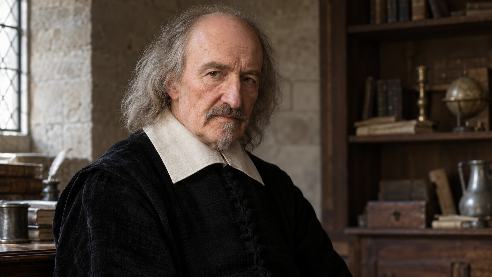 Realistic editorial recreation of Thomas Hobbes in a period-appropriate setting.