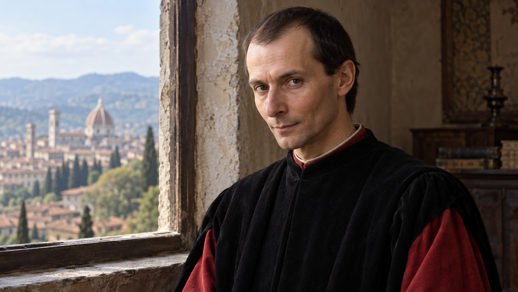 Realistic editorial recreation of Niccolò Machiavelli in a period-appropriate setting.