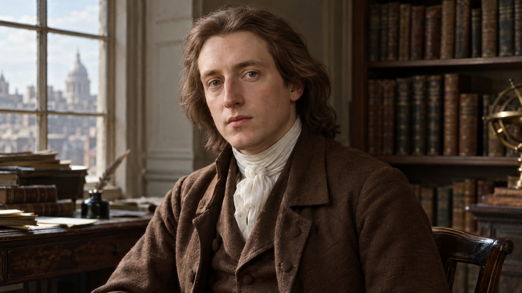 Realistic editorial recreation of Jeremy Bentham in a period-appropriate setting.