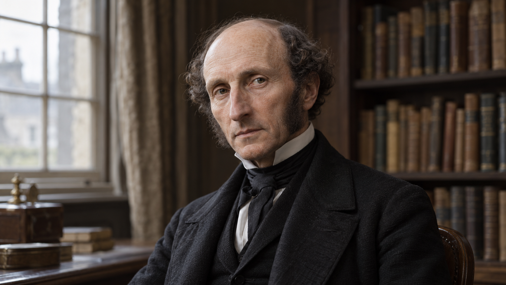 Realistic editorial recreation of John Stuart Mill in a period-appropriate setting.
