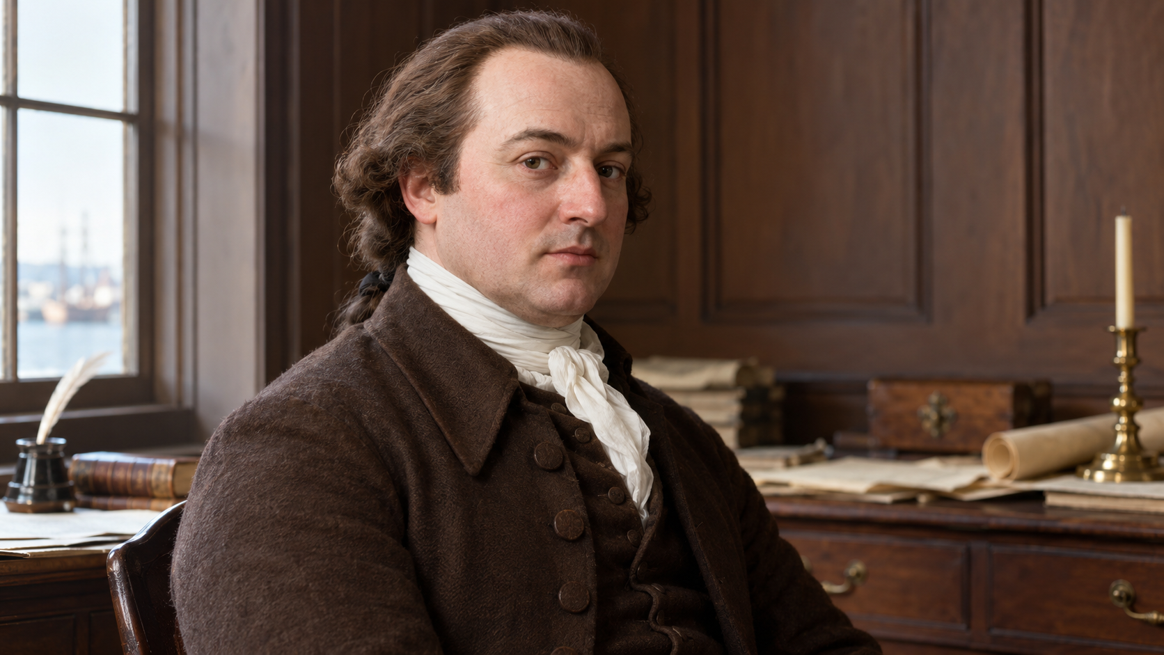 Realistic editorial recreation of John Adams in a period-appropriate setting.
