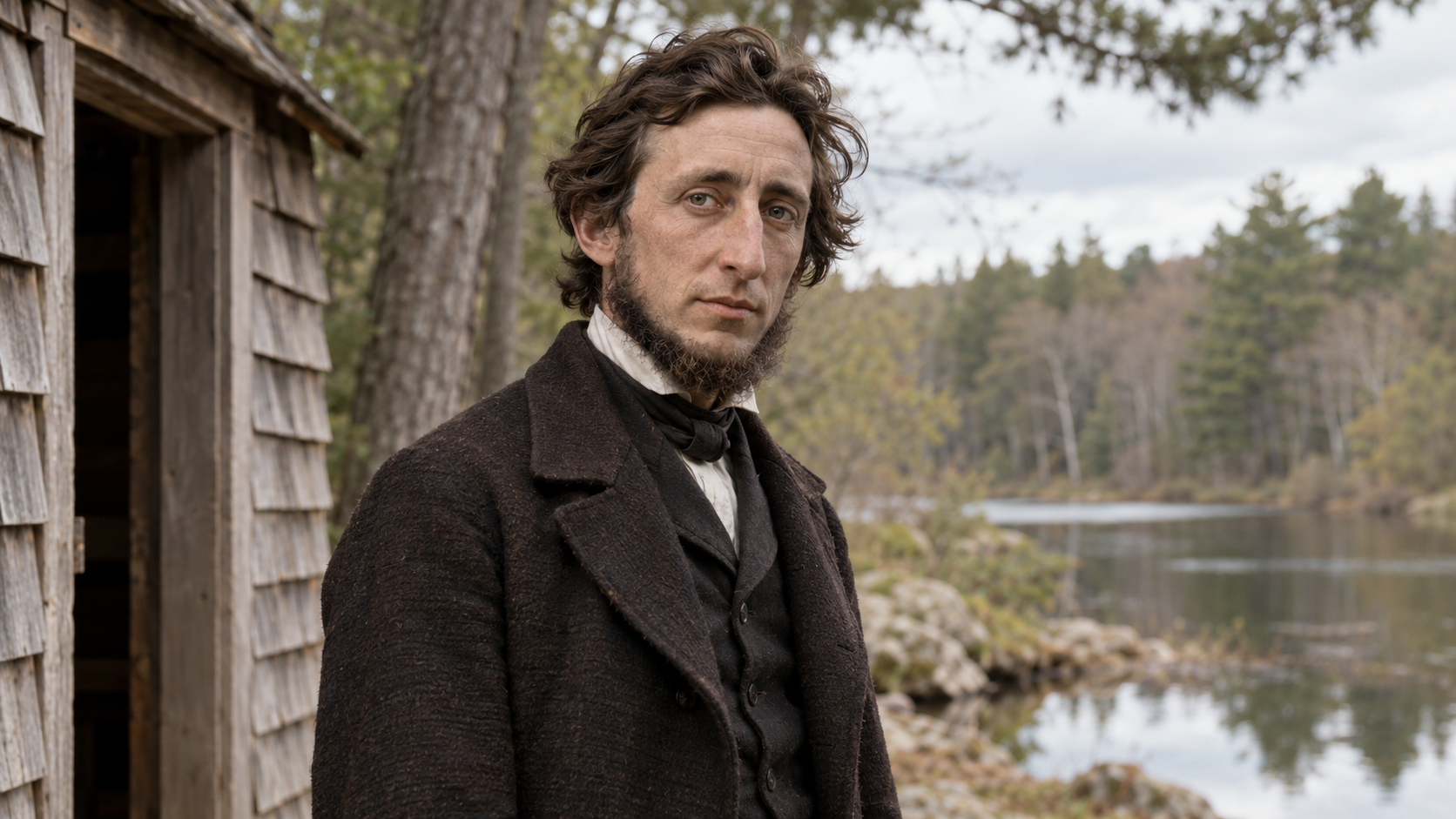 Realistic editorial recreation of Henry David Thoreau in a period-appropriate setting.
