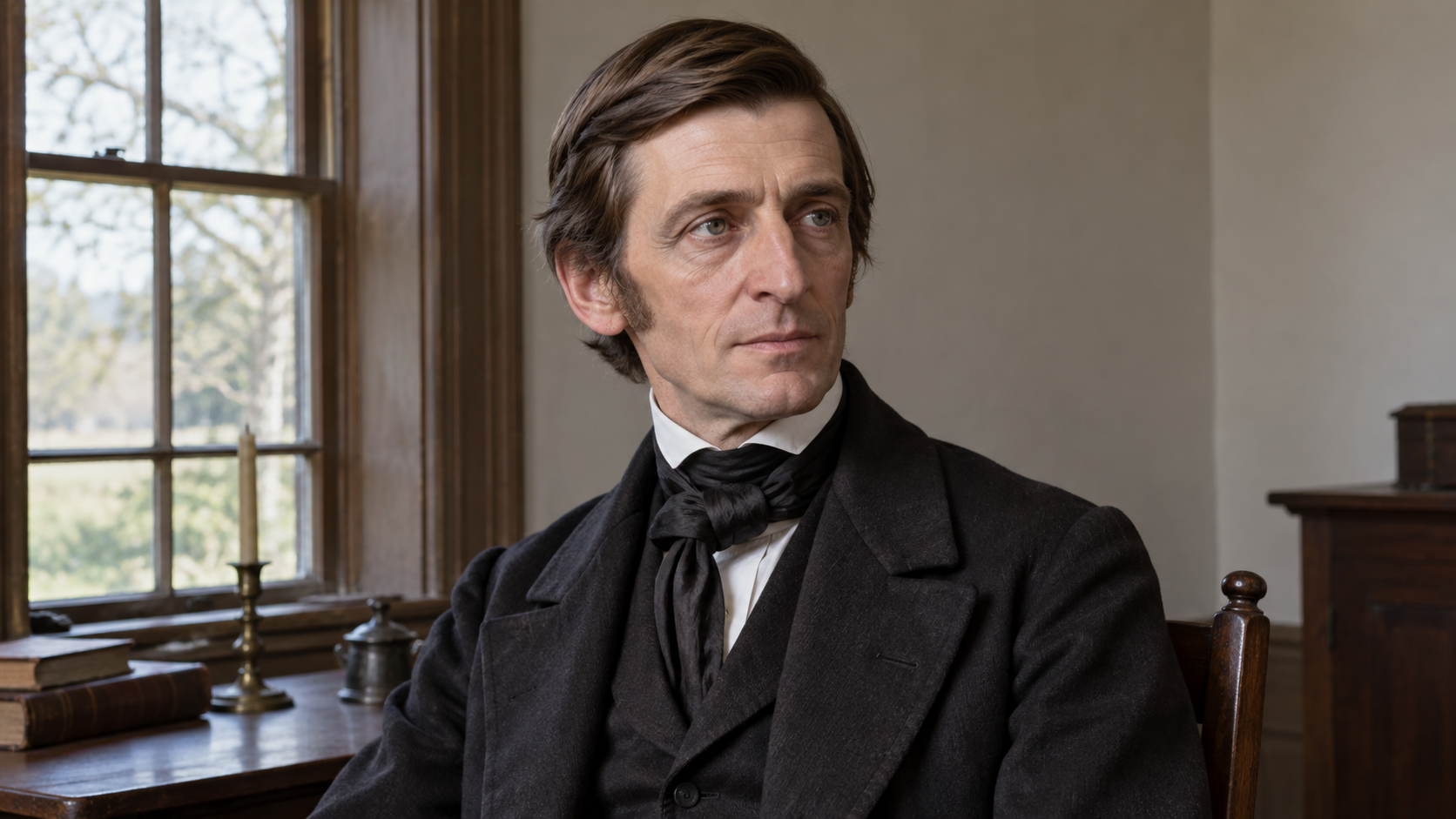 Realistic editorial recreation of Ralph Waldo Emerson in a period-appropriate setting.