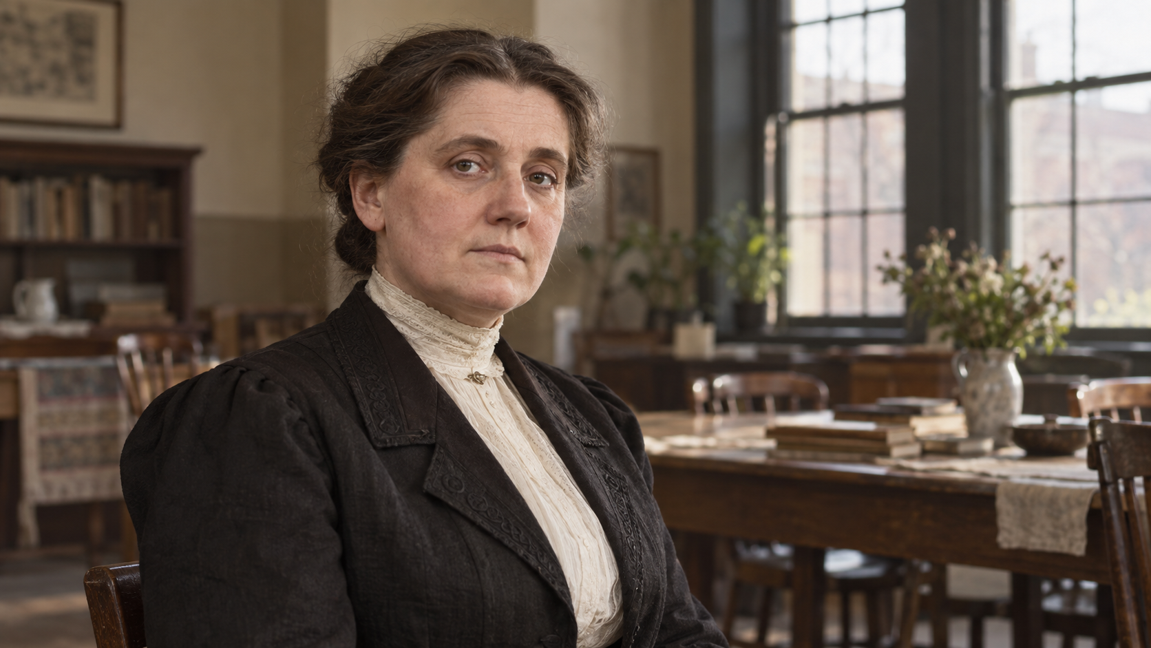 Realistic editorial recreation of Jane Addams in a period-appropriate setting.