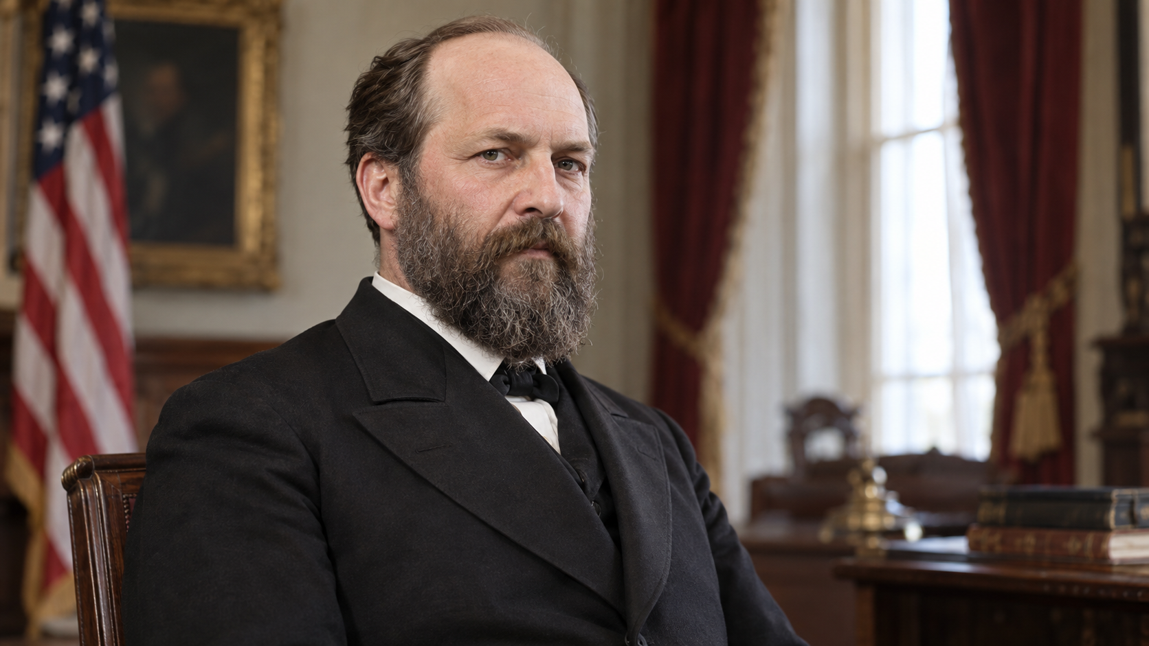 Realistic editorial recreation of James A. Garfield in a period-appropriate setting.