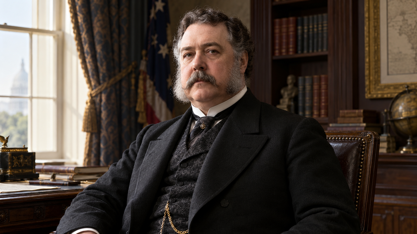 Realistic editorial recreation of Chester A. Arthur in a period-appropriate setting.