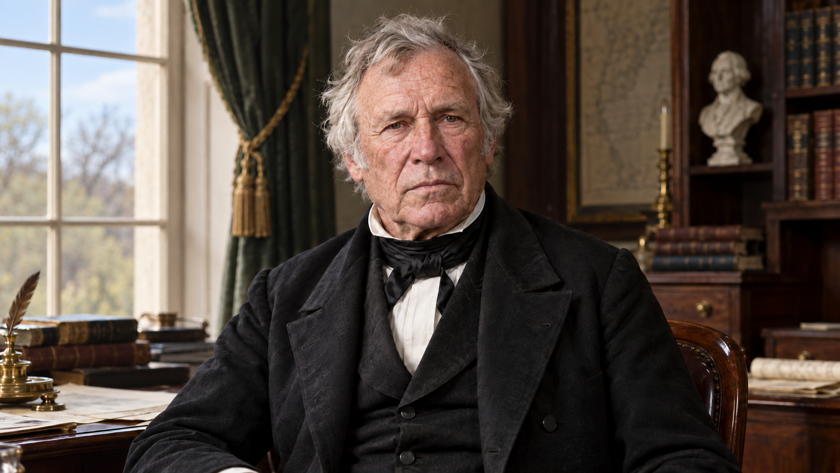 Realistic editorial recreation of Zachary Taylor in a period-appropriate setting.