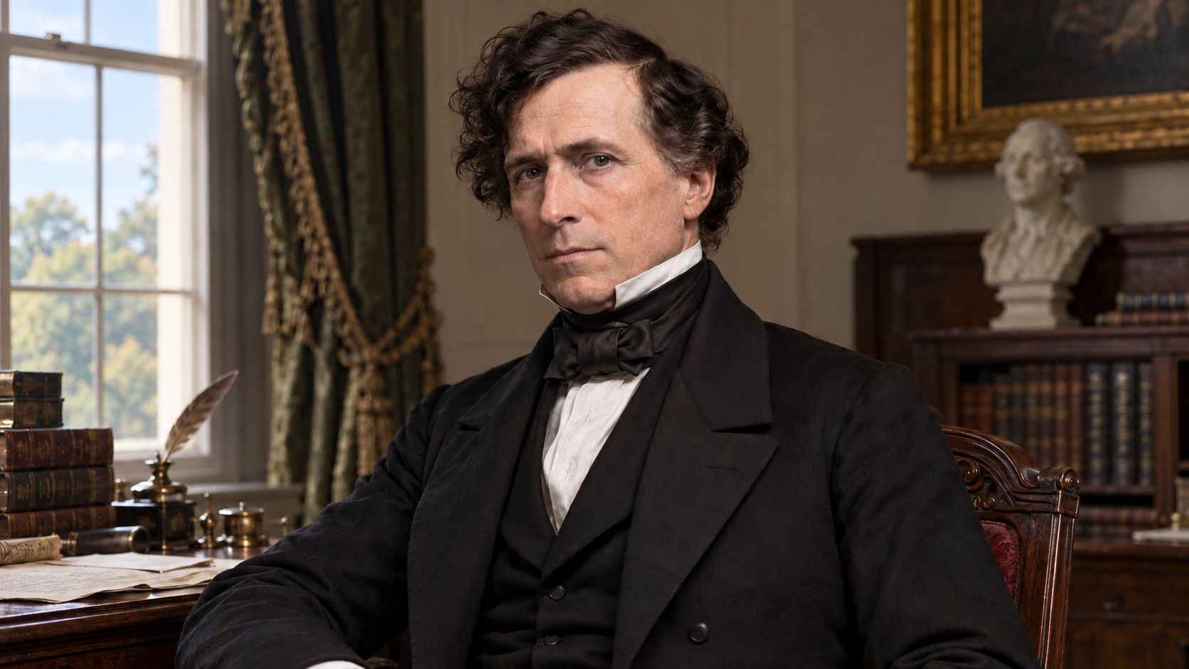 Realistic editorial recreation of Franklin Pierce in a period-appropriate setting.