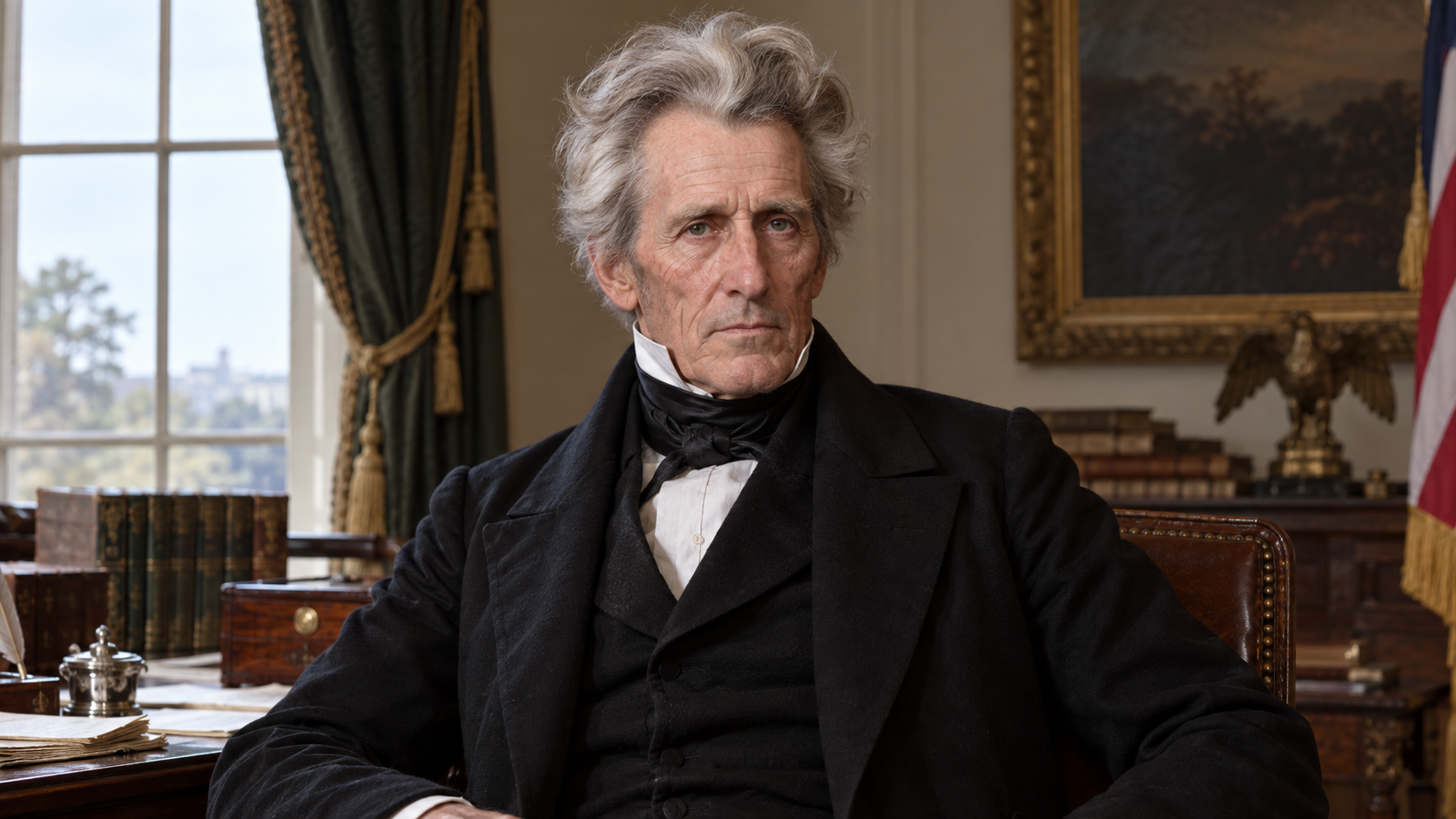 Realistic editorial recreation of Andrew Jackson in a period-appropriate setting.