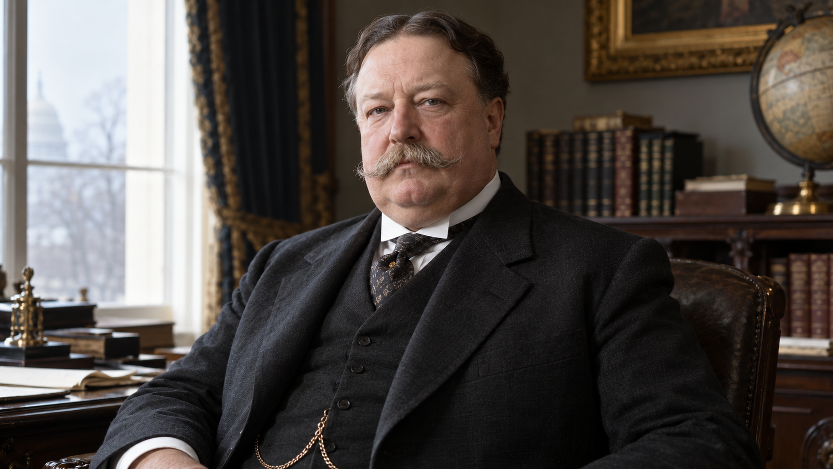 Realistic editorial recreation of William Howard Taft in a period-appropriate setting.