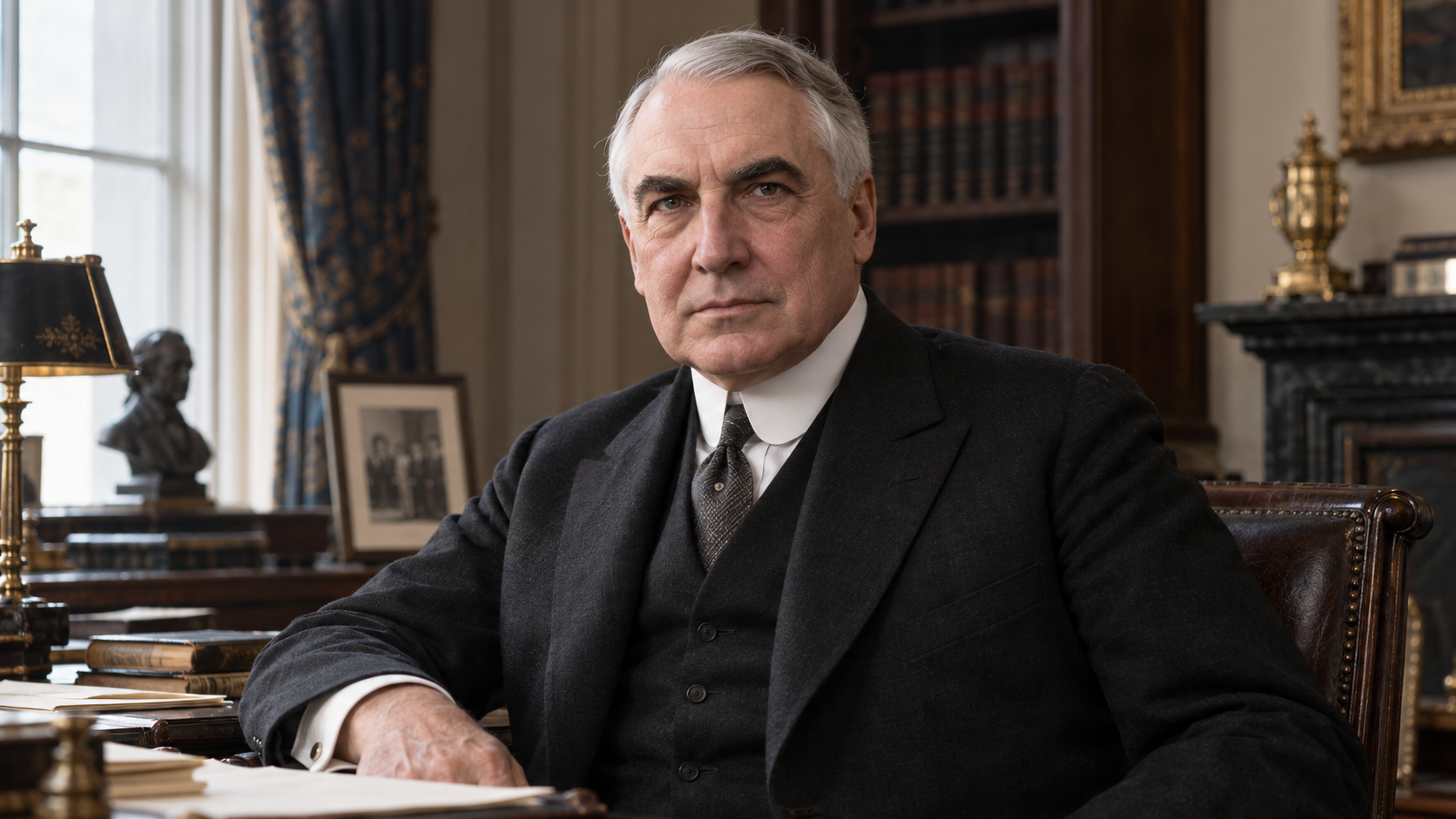 Realistic editorial recreation of Warren G. Harding in a period-appropriate setting.