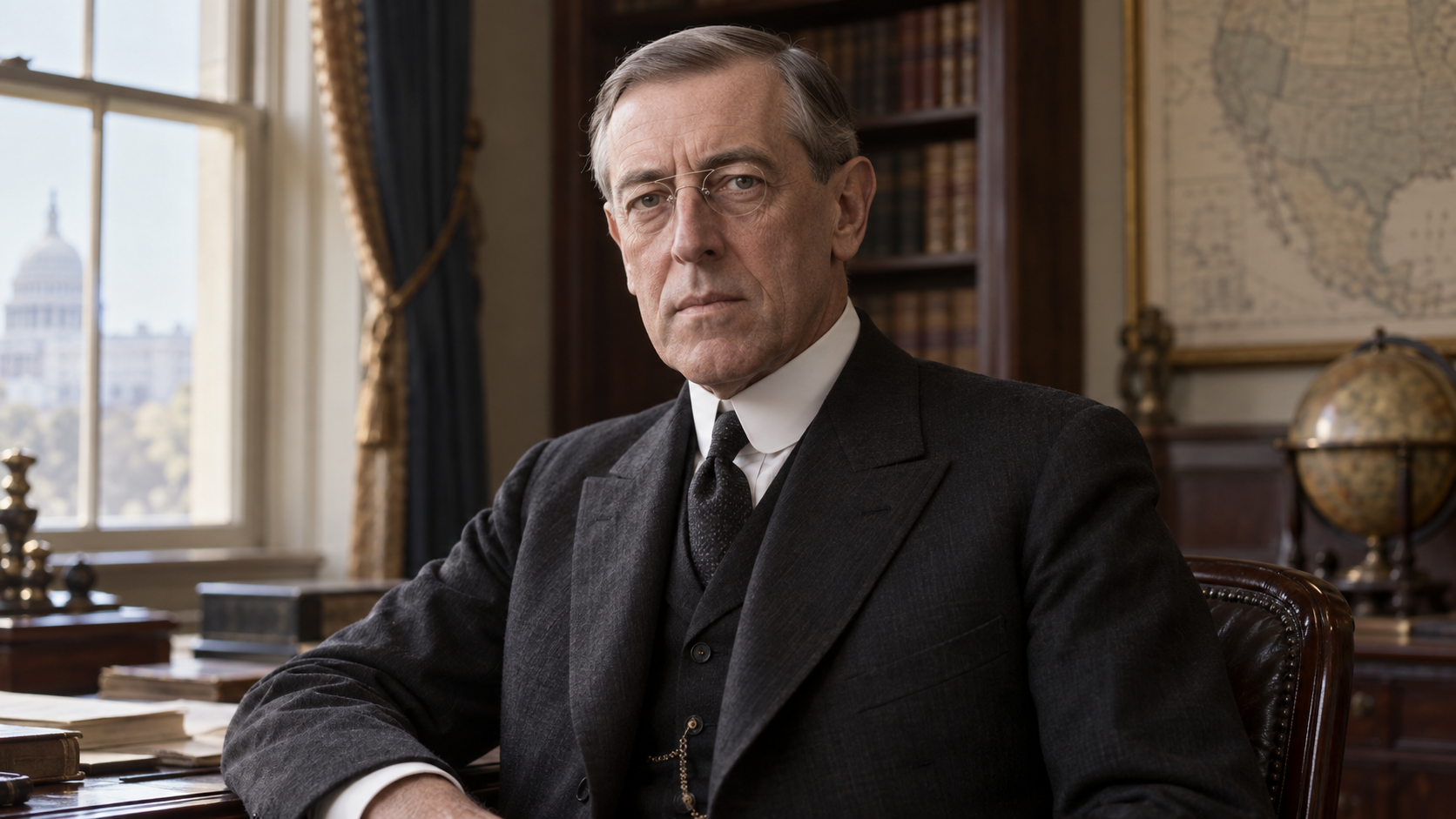 Realistic editorial recreation of Woodrow Wilson in a period-appropriate setting.