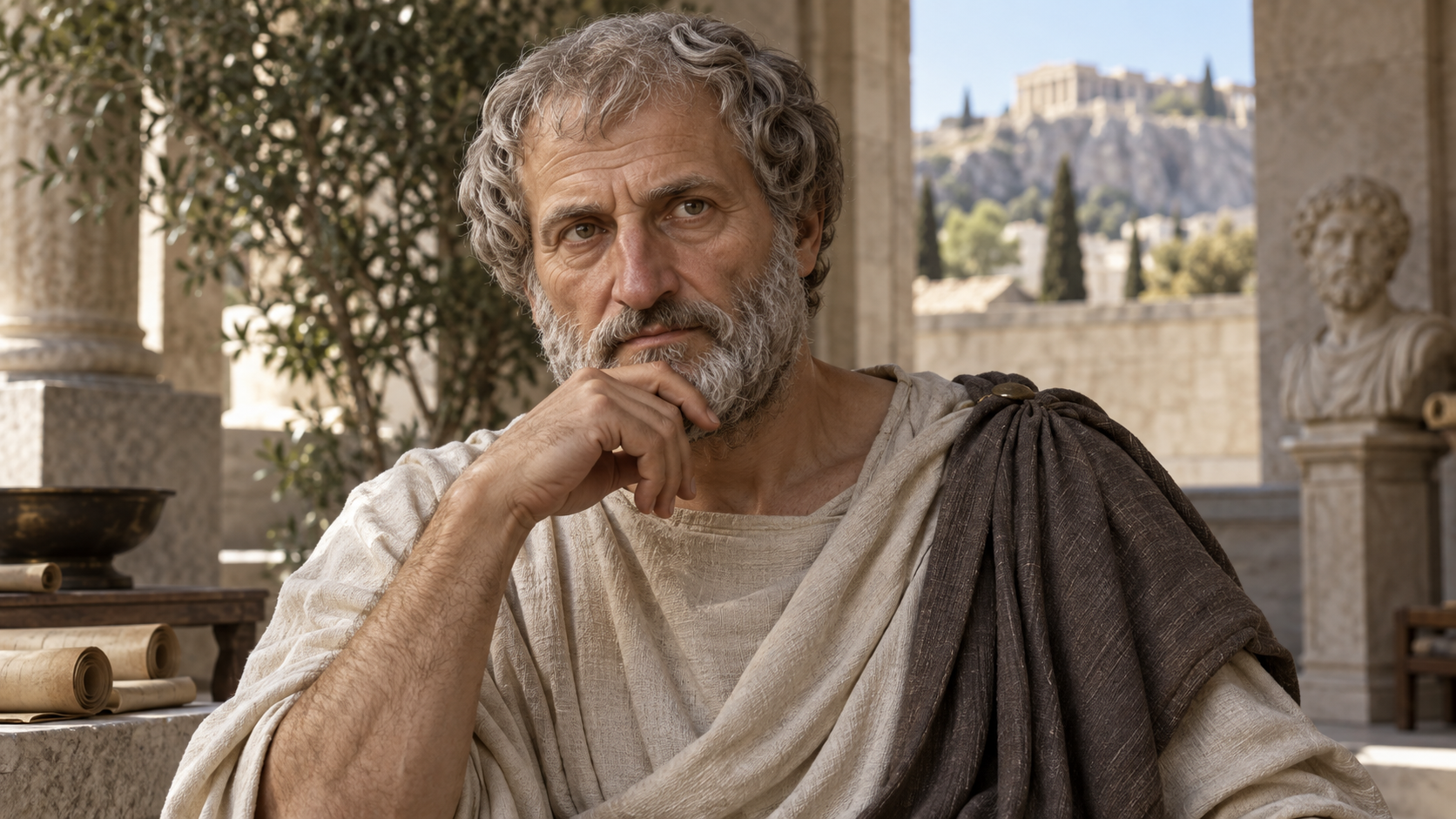 Realistic editorial interpretation of Aristotle based on traditional portrait art; exact historical appearance is uncertain.