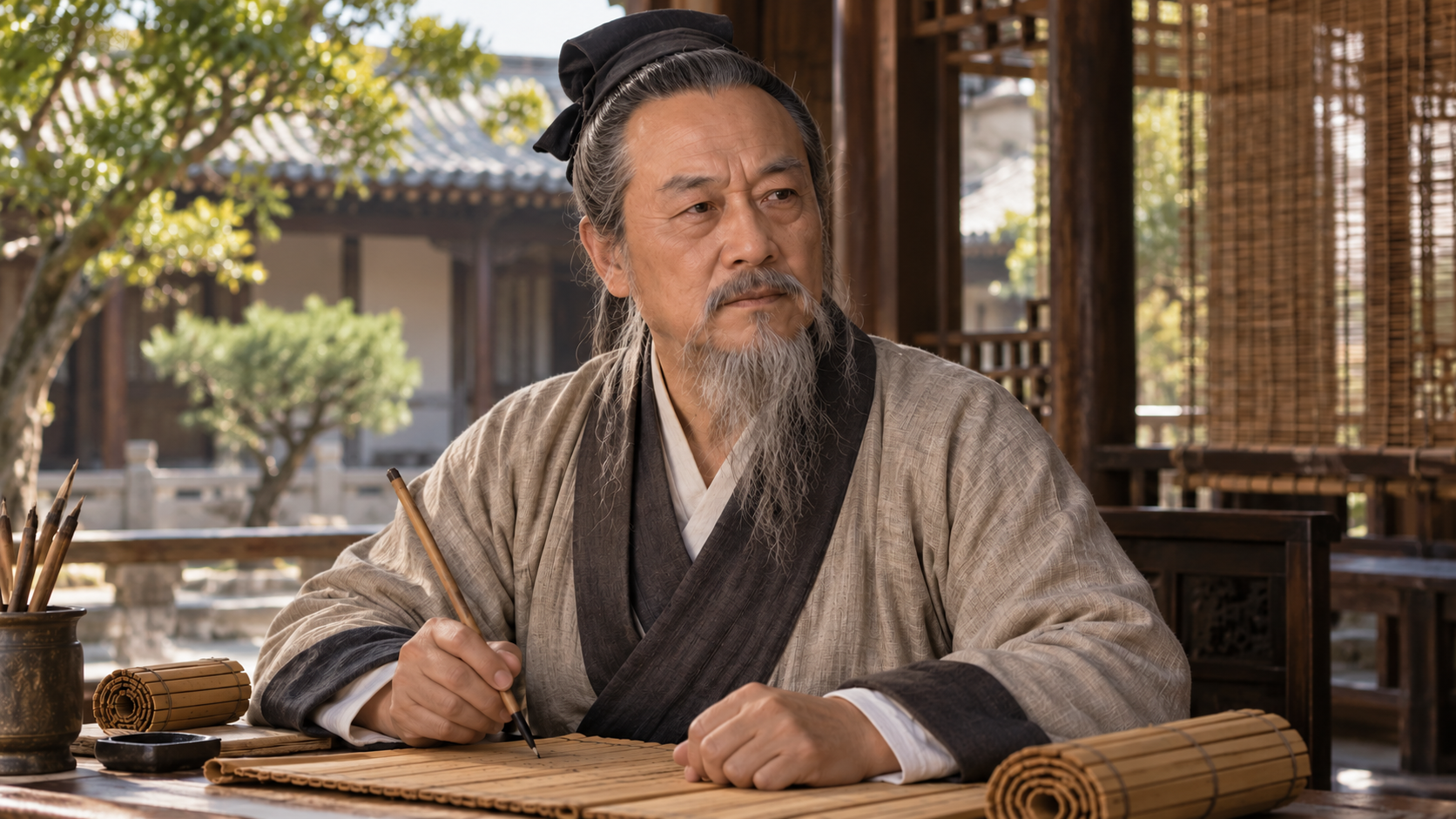 Realistic editorial interpretation of Mencius based on traditional portrait art; exact historical appearance is uncertain.