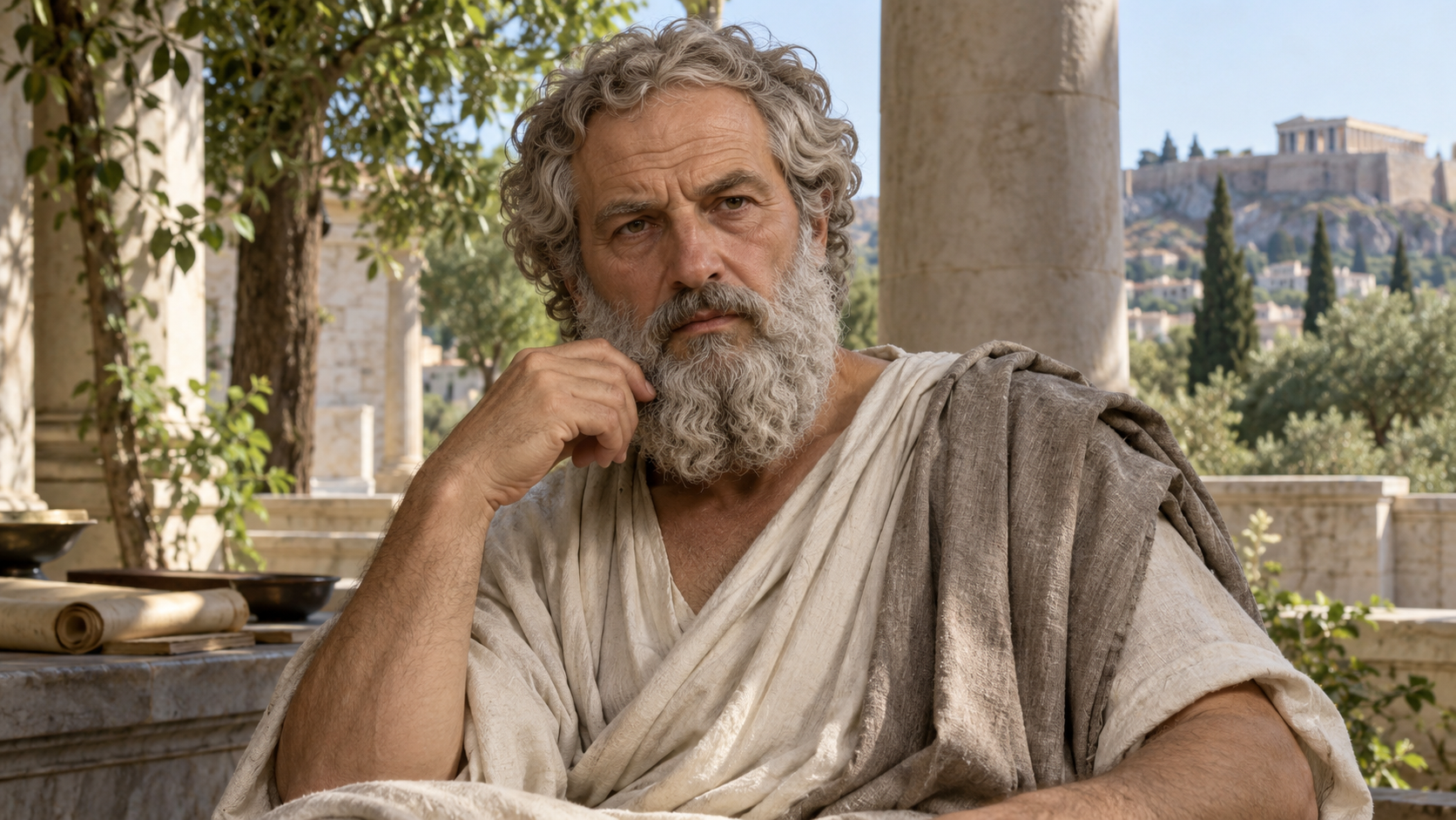 Realistic editorial interpretation of Plato based on traditional portrait art; exact historical appearance is uncertain.