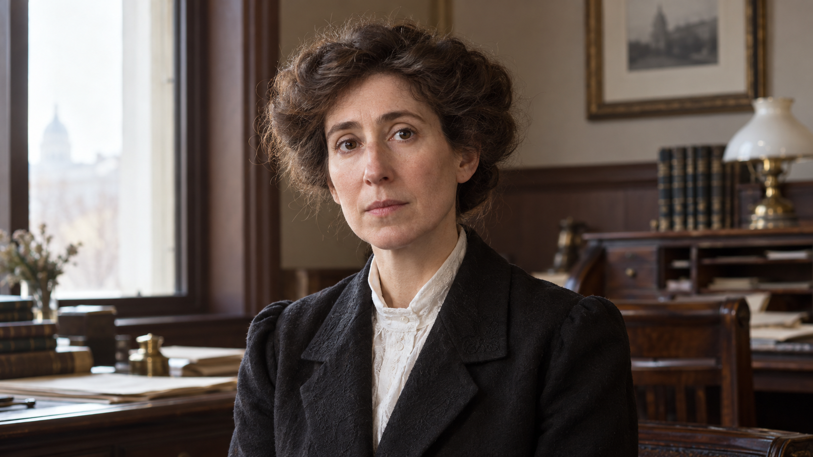 Realistic editorial recreation of Jeannette Rankin in a congressional office in 1917.