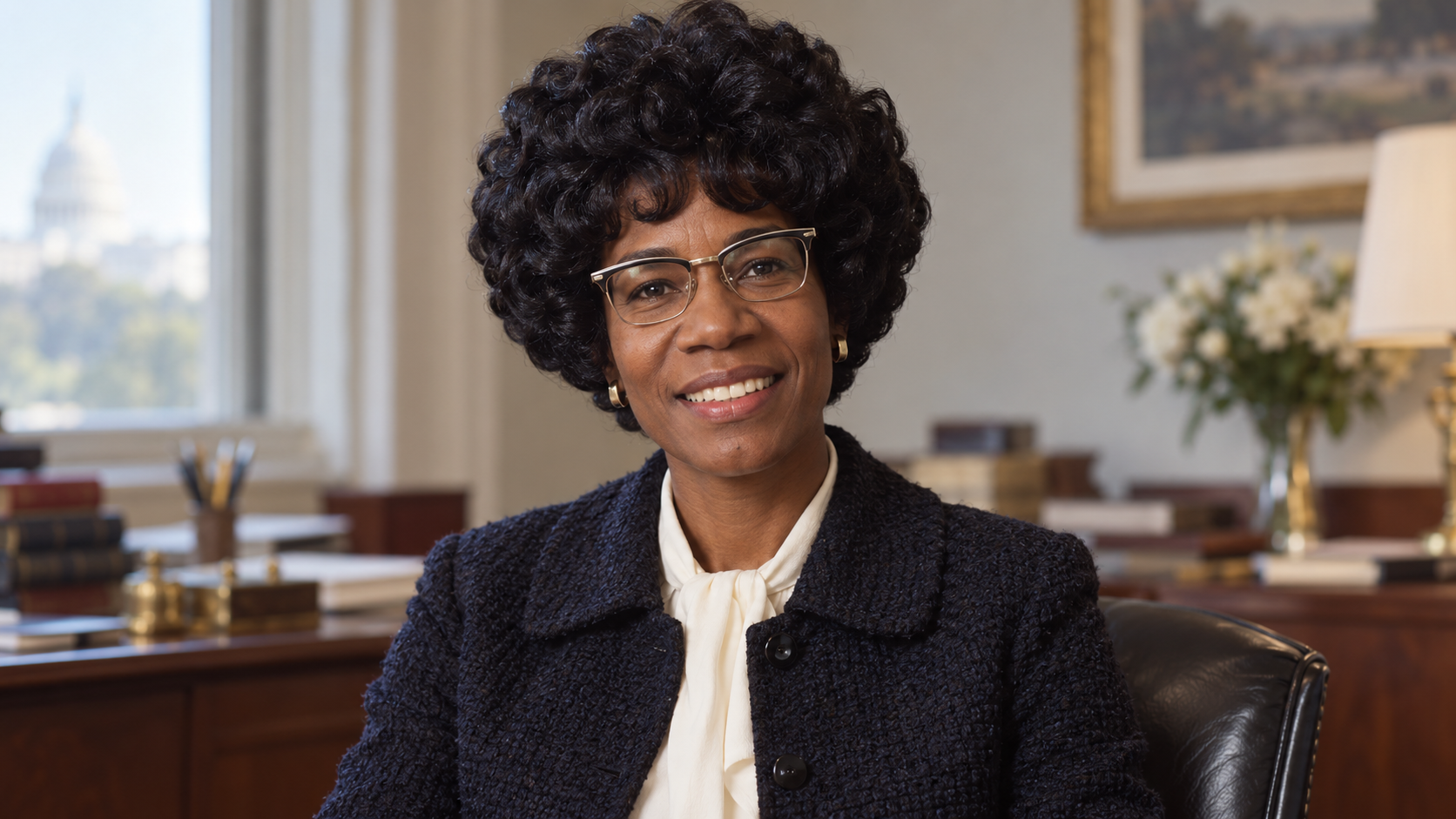 Realistic editorial recreation of Shirley Chisholm in a 1969 congressional office.