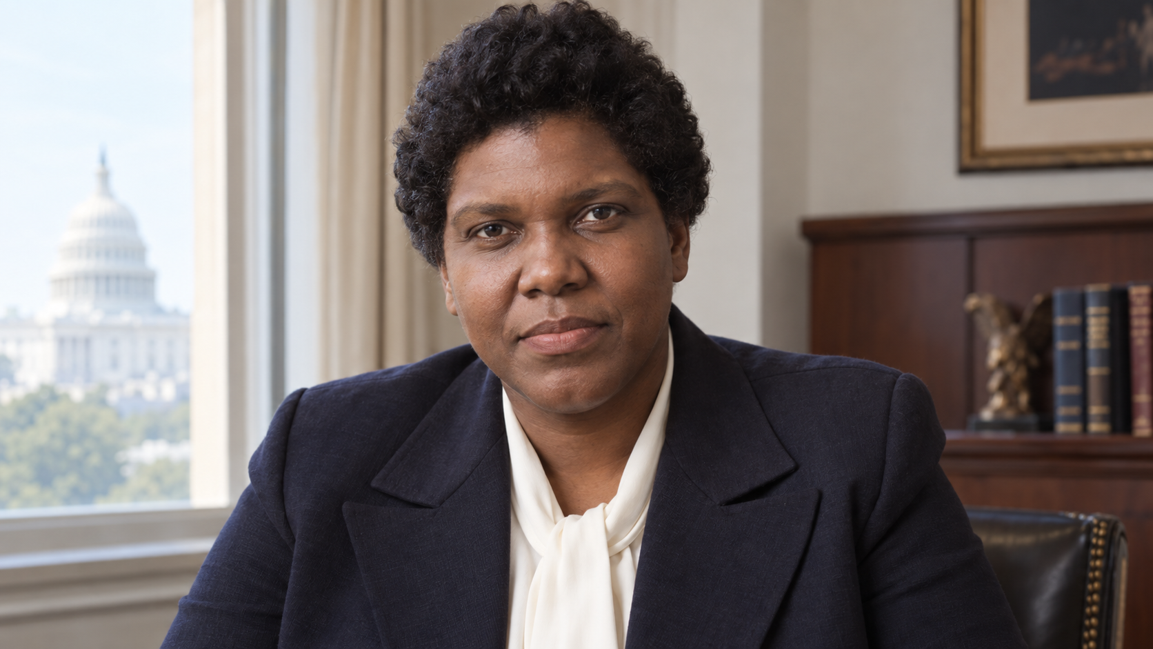 Realistic editorial recreation of Barbara Jordan in a 1976 congressional office.
