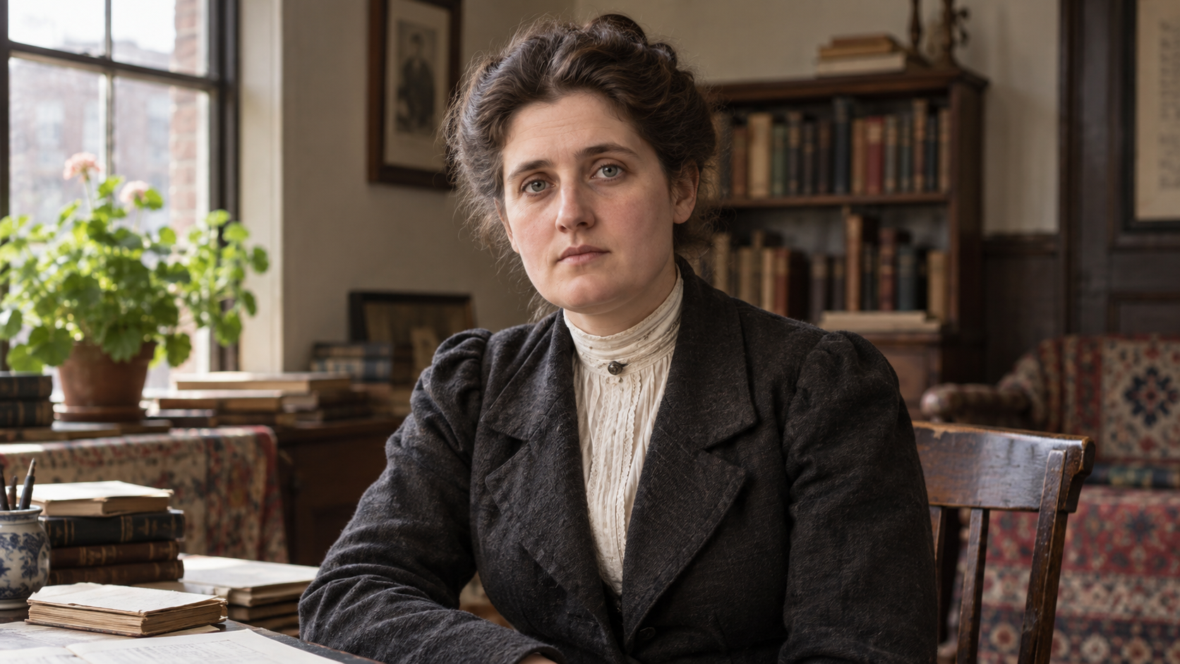 Realistic editorial recreation of Jane Addams in a 1892 setting.