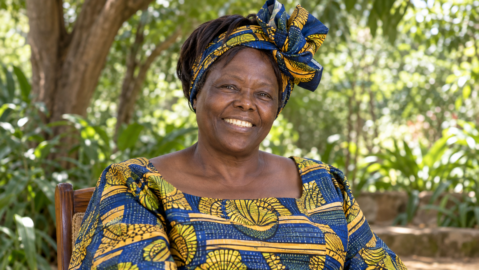 Realistic editorial recreation of Wangari Maathai in a 2004 setting.