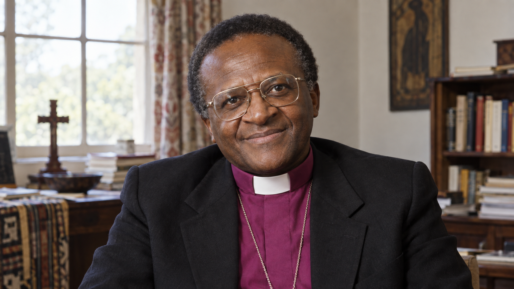 Realistic editorial recreation of Desmond Tutu in a 1984 setting.
