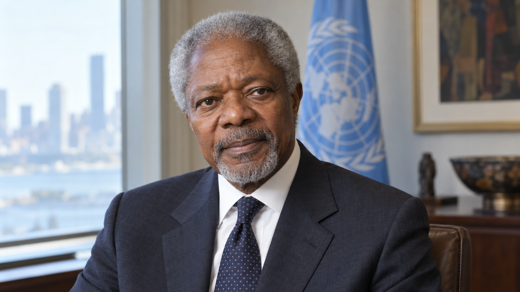 Realistic editorial recreation of Kofi Annan in a 2001 setting.