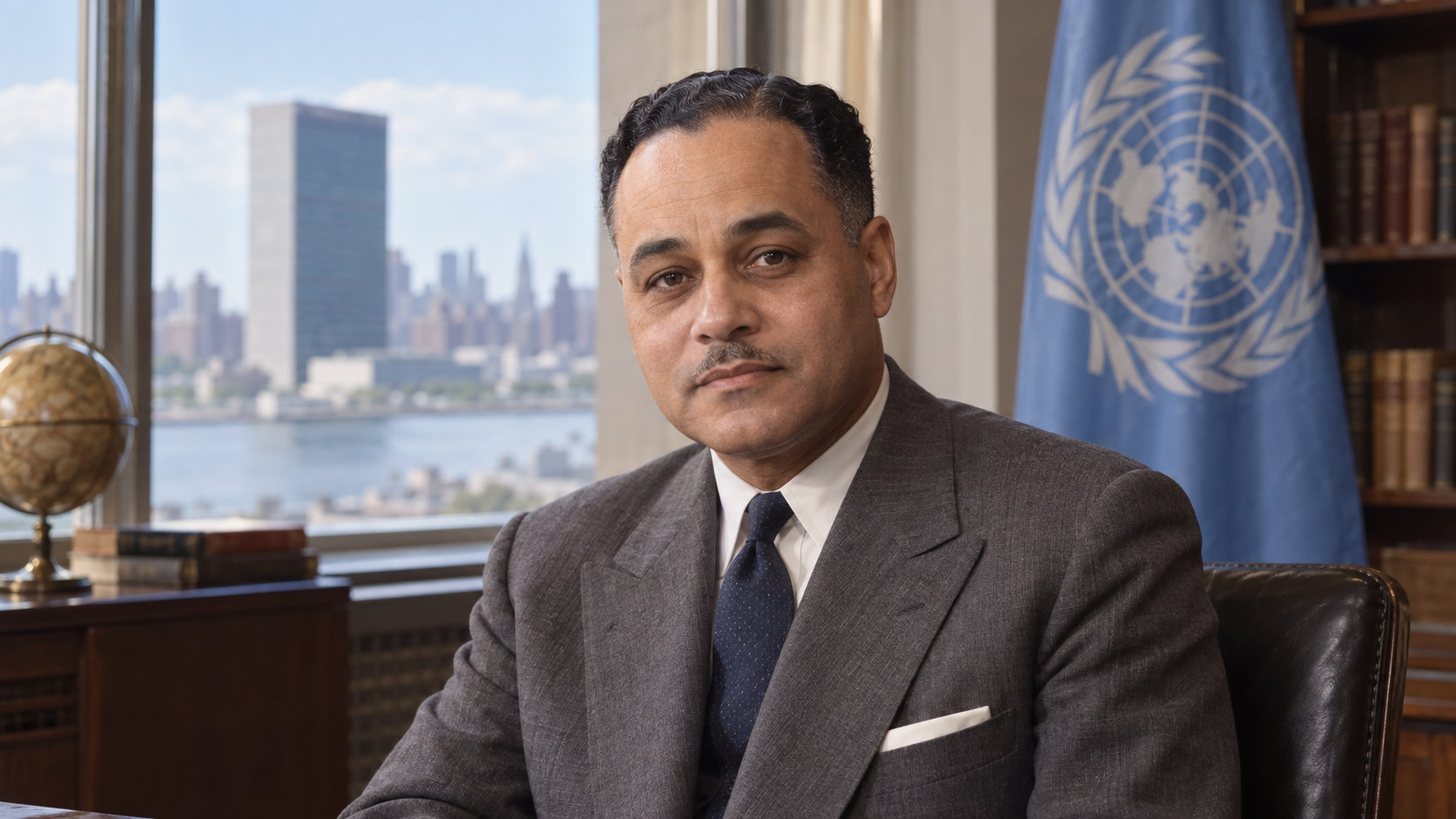 Realistic editorial recreation of Ralph Bunche in a 1950 setting.