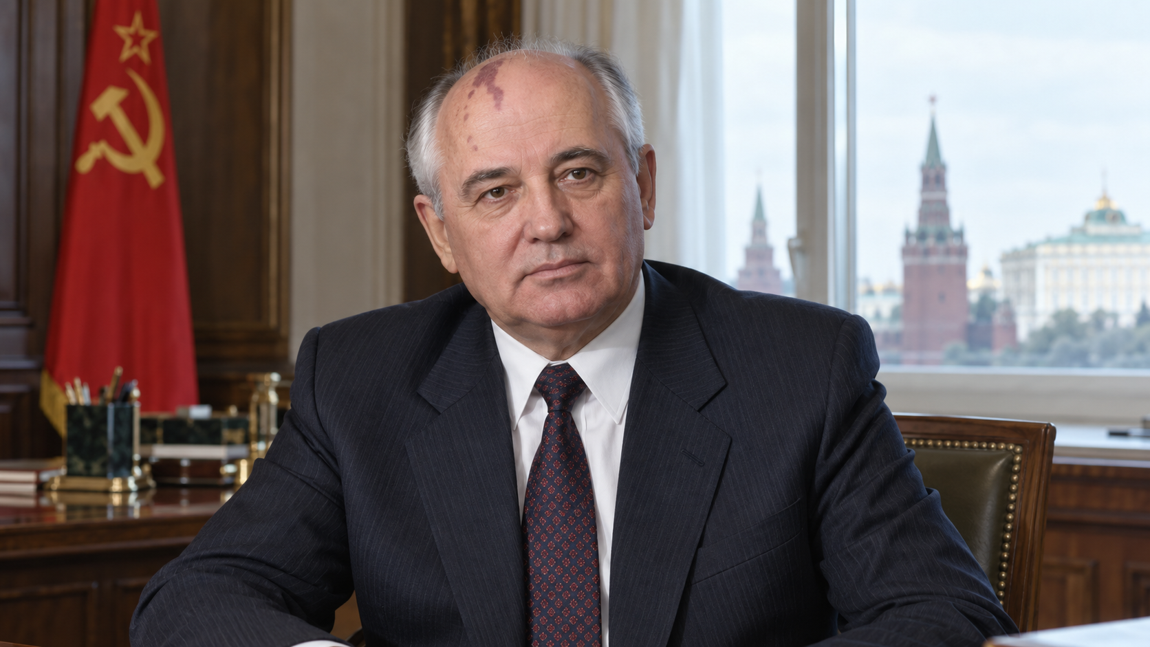 Realistic editorial recreation of Mikhail Gorbachev in a 1991 setting.