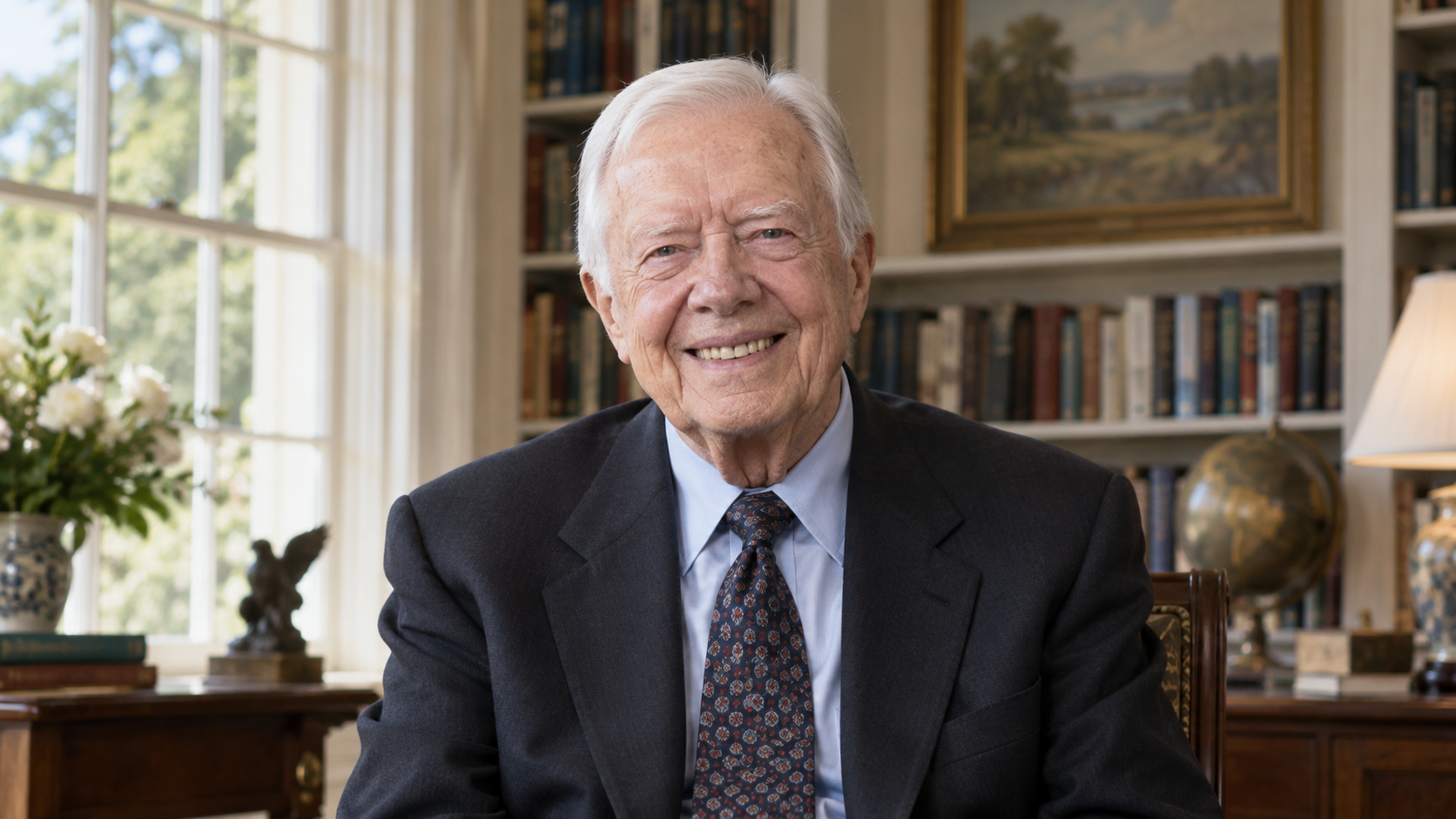 Realistic editorial recreation of Jimmy Carter in a 2002 setting.