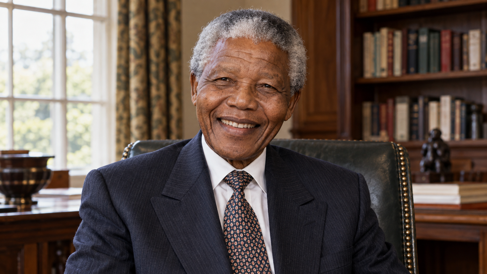 Realistic editorial recreation of Nelson Mandela in a 1993 setting.