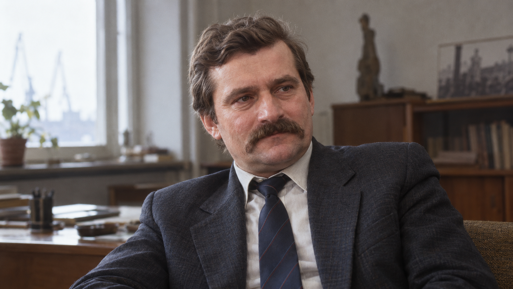 Realistic editorial recreation of Lech Wałęsa in a 1983 setting.