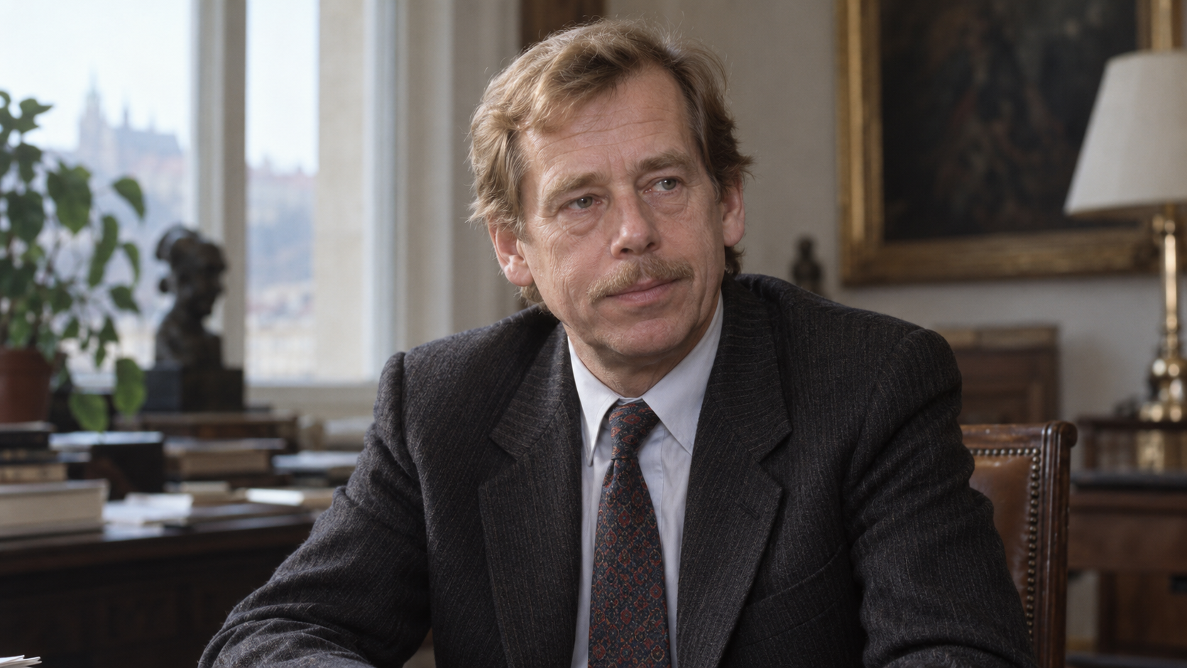 Realistic editorial recreation of Václav Havel in a 1990 setting.