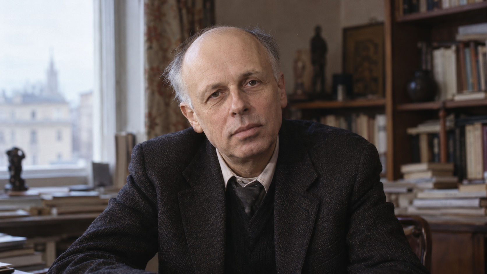 Realistic editorial recreation of Andrei Sakharov in a 1975 setting.