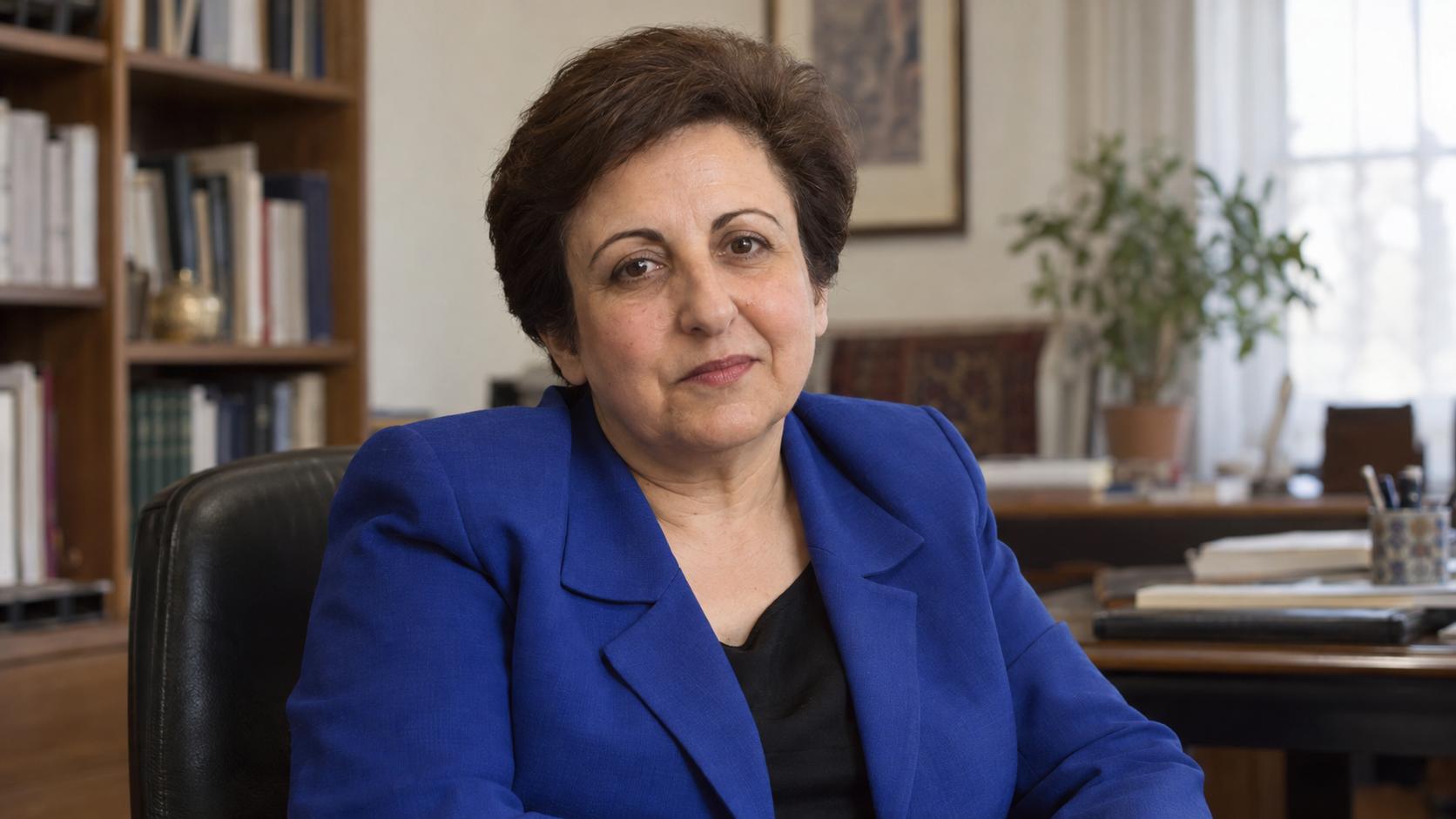 Realistic editorial recreation of Shirin Ebadi for a historical quote post.