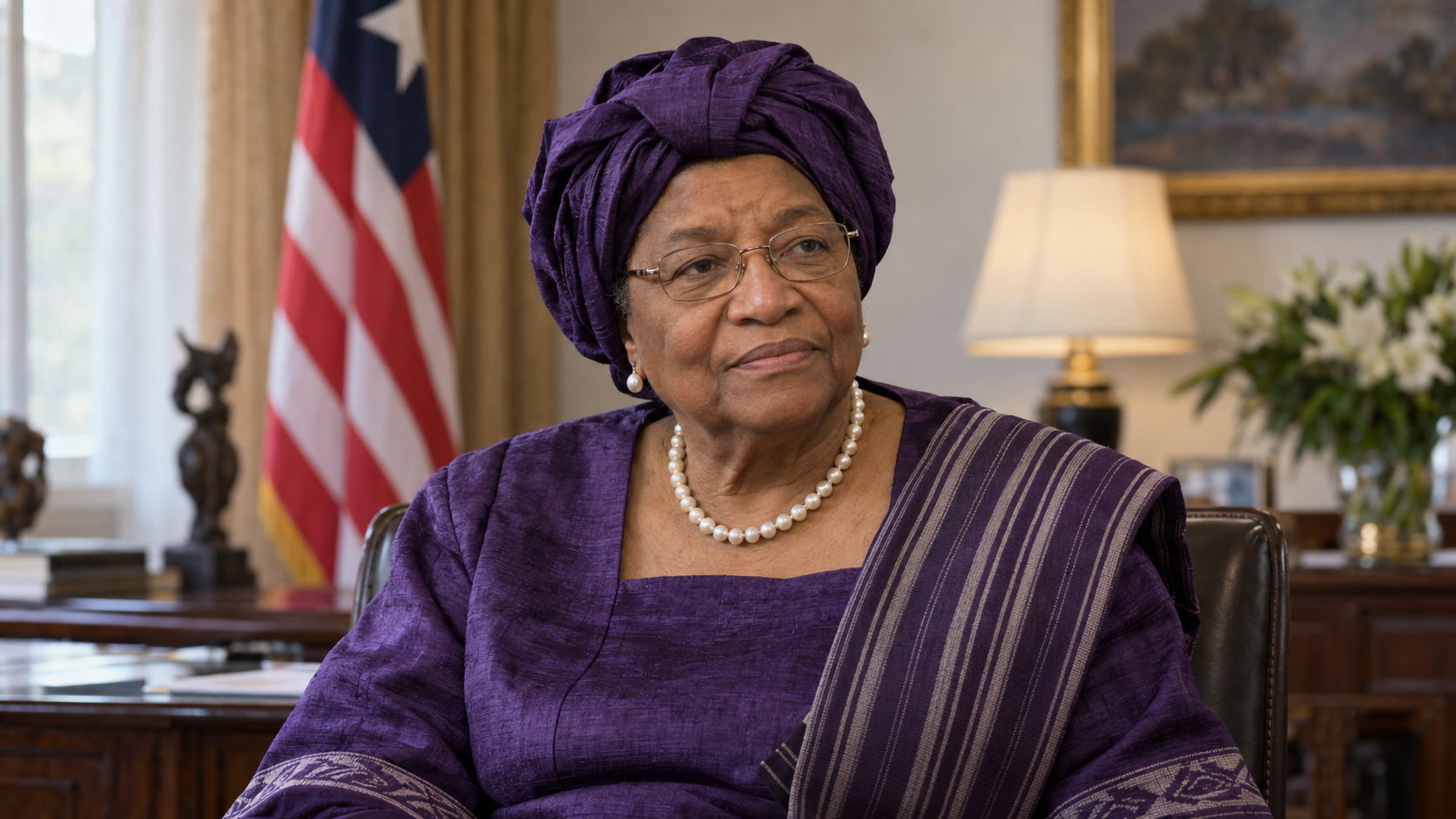 Realistic editorial recreation of Ellen Johnson Sirleaf for a historical quote post.